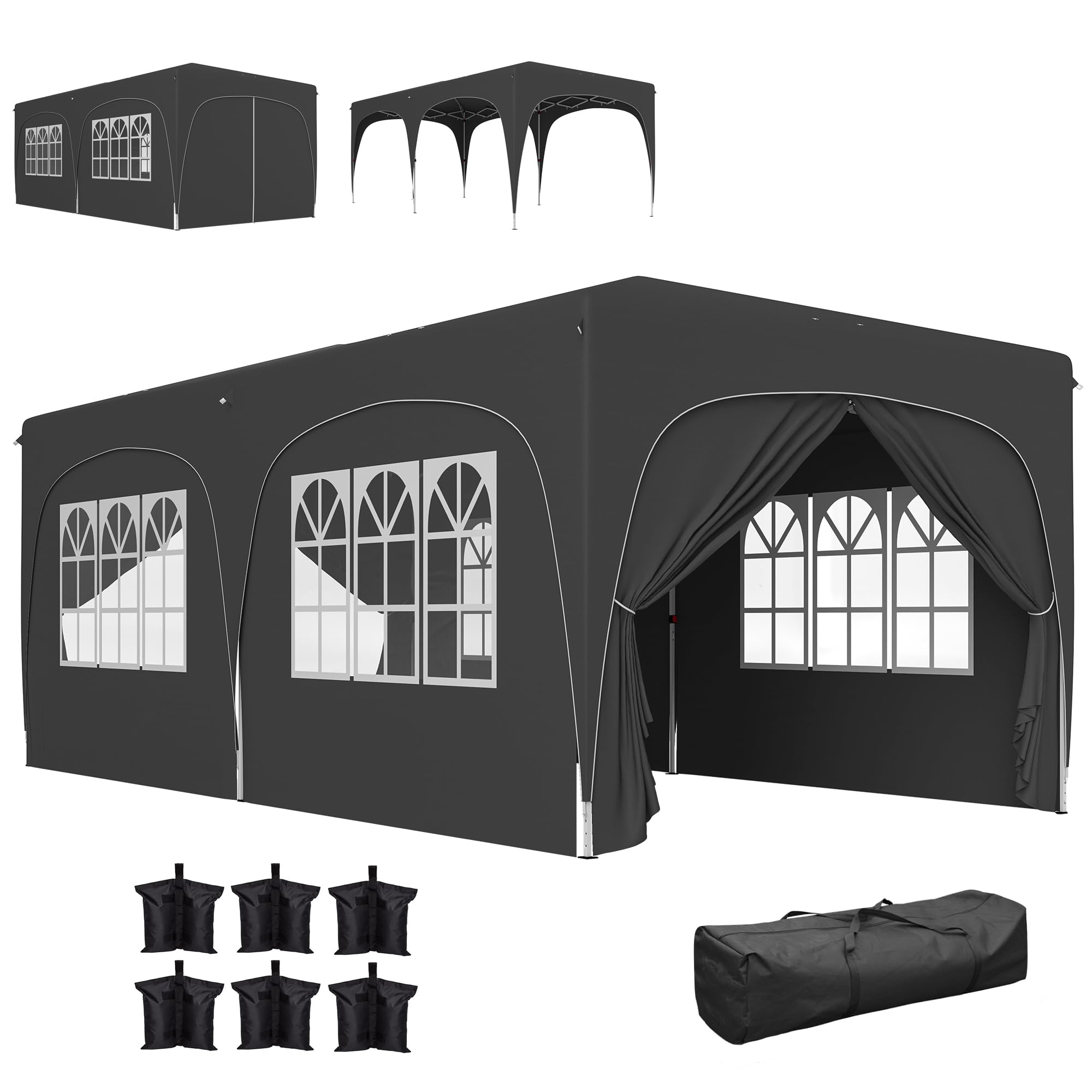 Outsunny Carpa Plegable 3x6 m, Cenador Pabellón de Jardín con Altura Ajustable de 3 Niveles, 4 Paredes Laterales, Ventanas y Bolsa Transporte, UPF50+, Impermeable para Fiestas, Exterior, Gris Oscuro
