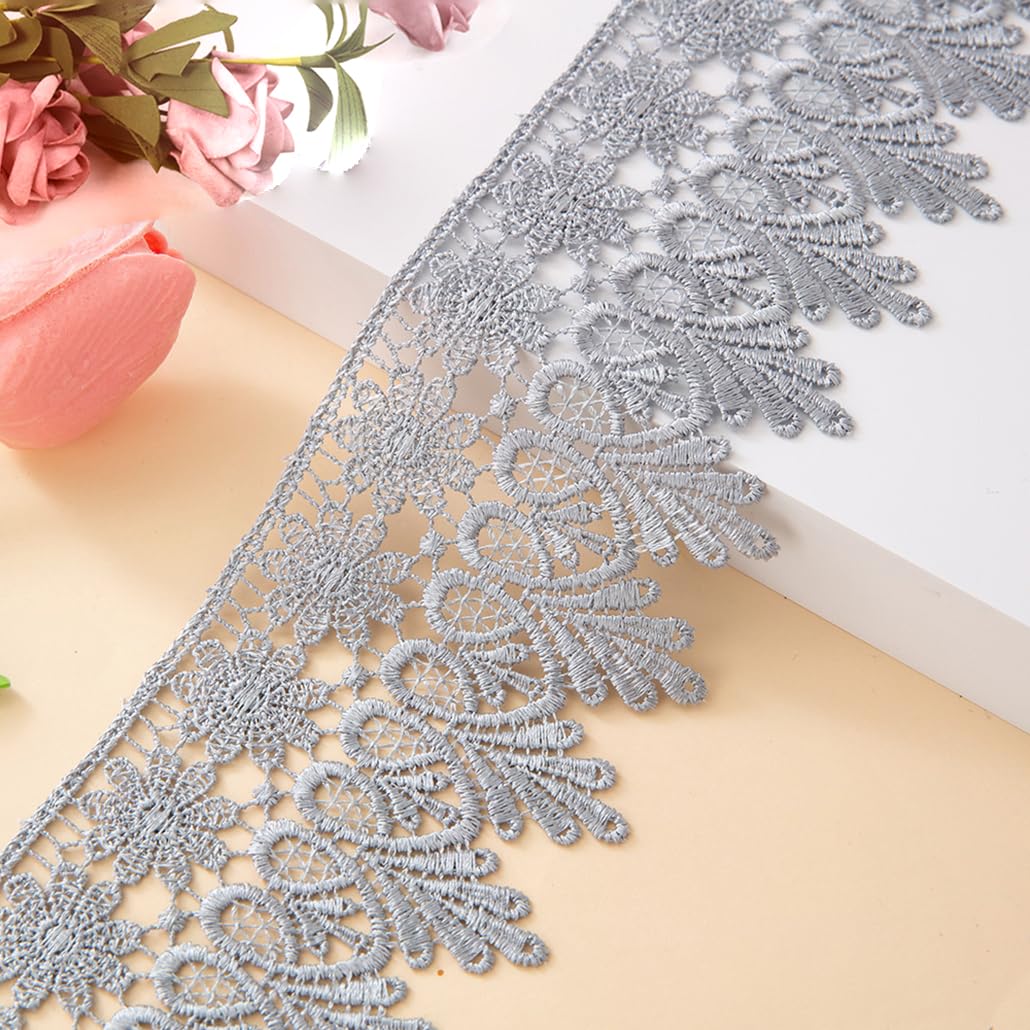 Kuasting 7.5 Yards Floral Lace Edge Trim 9CM Width Europe Chips Pattern Inelastic Embroidery Lace Trim for Sewing Making, DIY Crafts, Gift Wrapping, Wedding Decor (Grey)