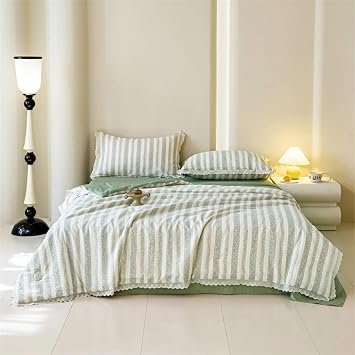Cotton Coverless Duvet For Single Double King Size, 4.5 Tog Summer Boho Cosy Duvet With Lace Decoration Lightweight Quilt Flowers Breathable Bedspreads Quilted Throw For BedsGreen,150*200cm