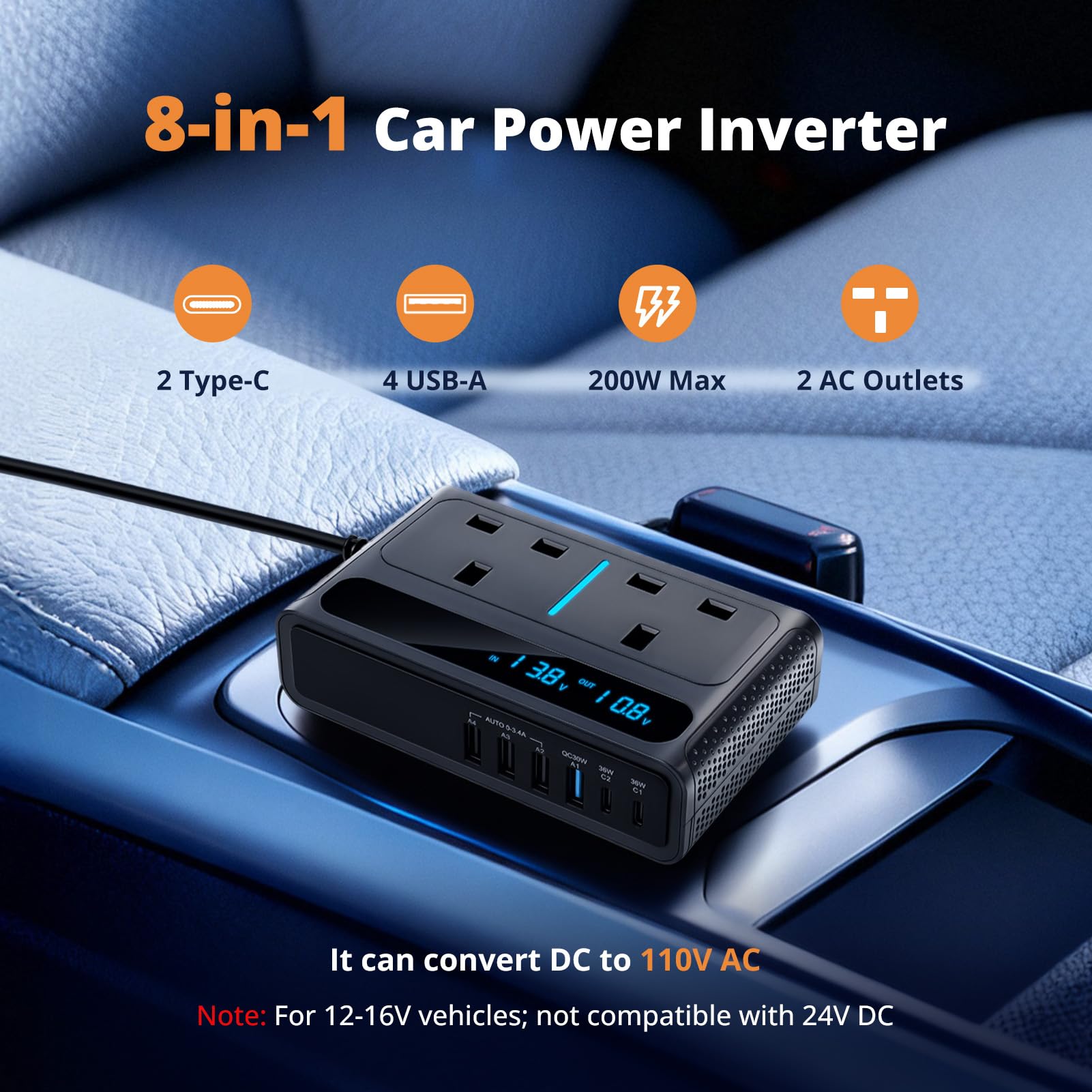 8 in 1 200W Car Power Inverter with 2 Sockets, 4 USB Ports and 2 Type-C Ports,Car Charger Adapter Convert 12V to 240V 230V AC Auto Power Inverter for Camping Van Caravan — view 5