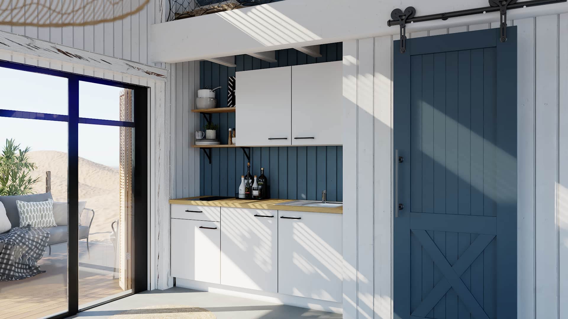 WALLERS cuisine complète 180 cm : Meubles 19mm + Plan de travail 3,8cm + Frigo intégré table top + Plaque de cuisson 2 foyers + Mitigeur (180 cm évier à droite, Plan de travail couleur chêne)