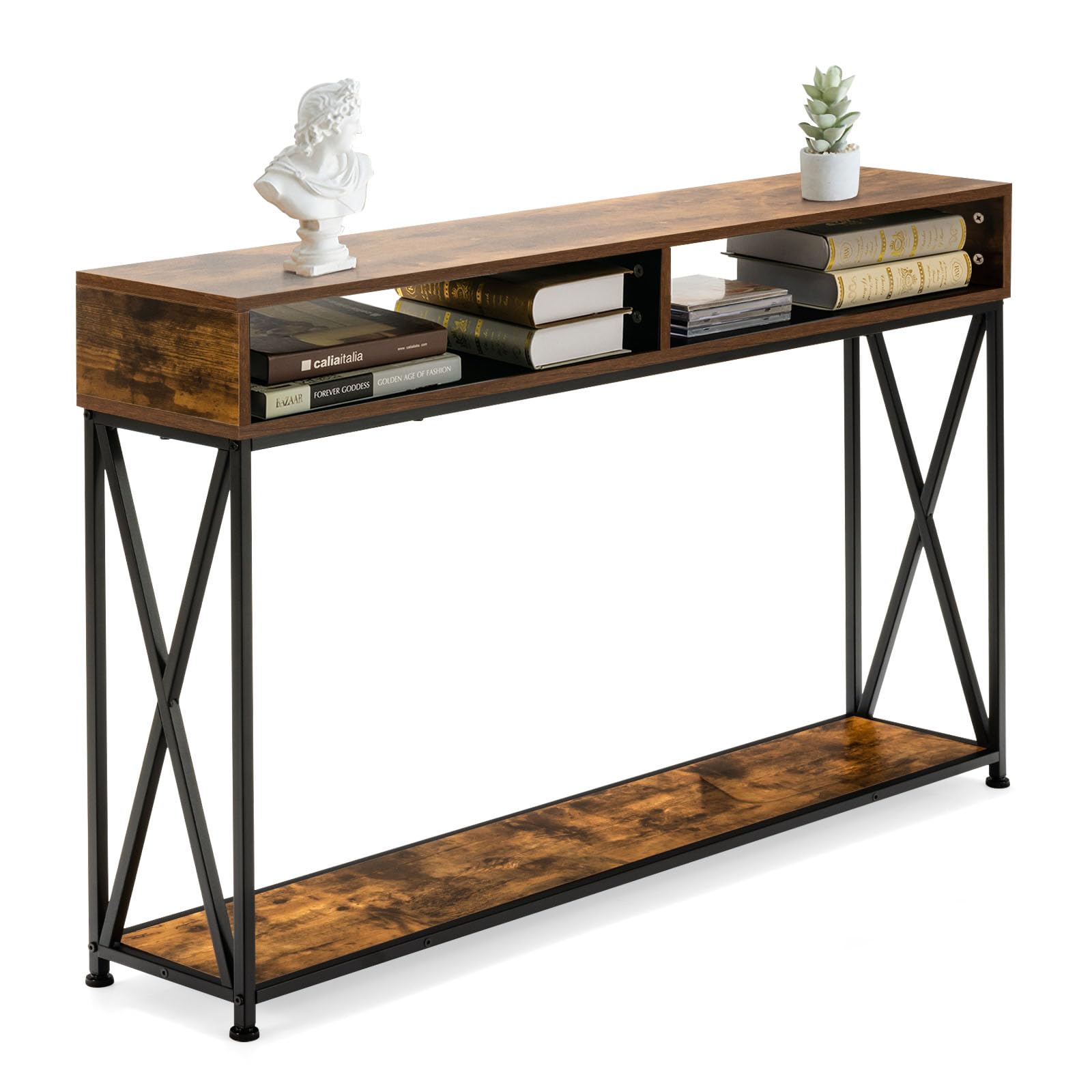 Tavolo Console Per Ingresso E Soggiorno - 120x23x79cm | Bianco Con 2 Scomparti Aperti | Piedini Regolabili