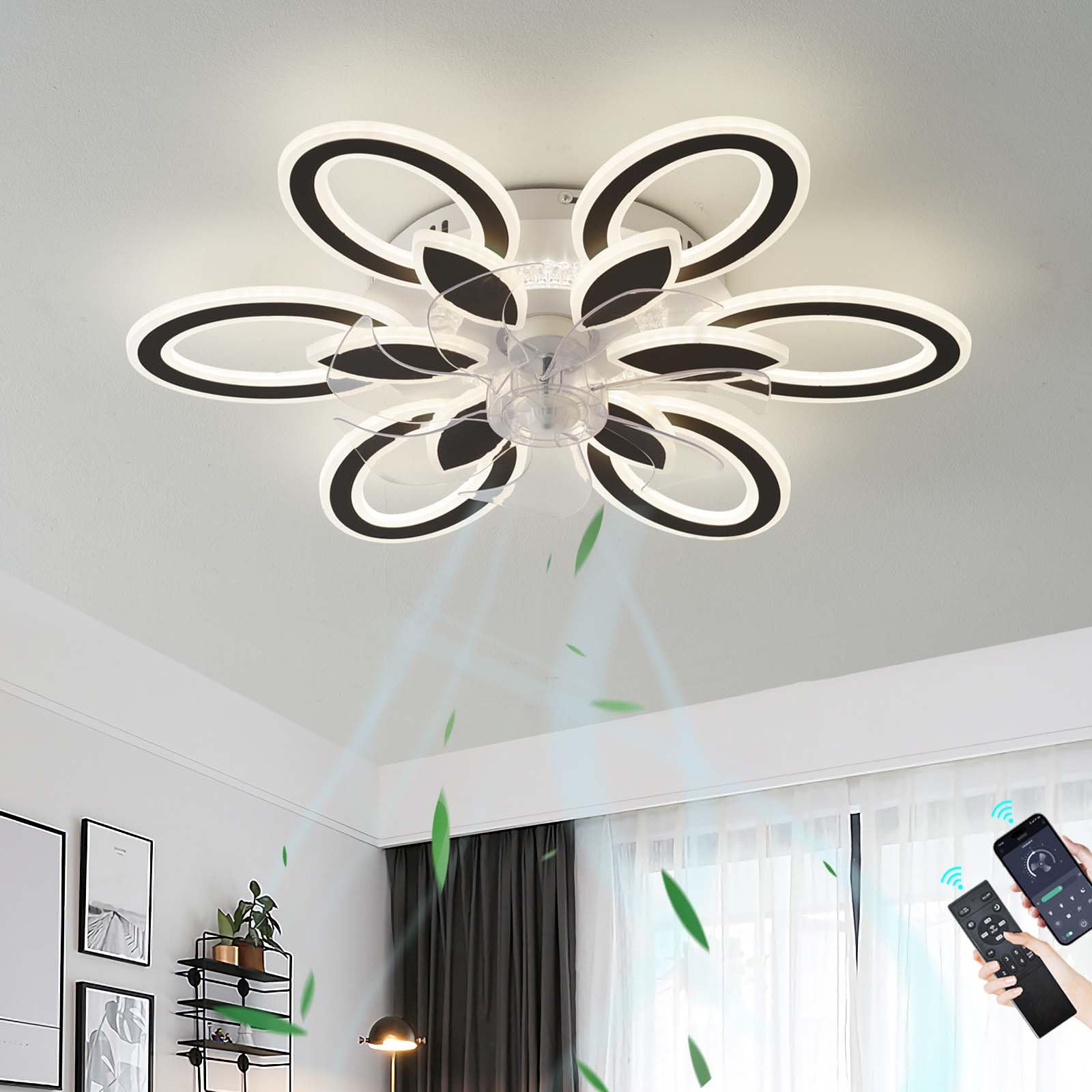 KVOYYIRA Flower Ceiling Fan with Lighting 6 Speed Reversible Ceiling Fan Lights with Remote Control Dimmable Quiet LED Ceiling Fans with Lamps for Living Room Bedroom, Black