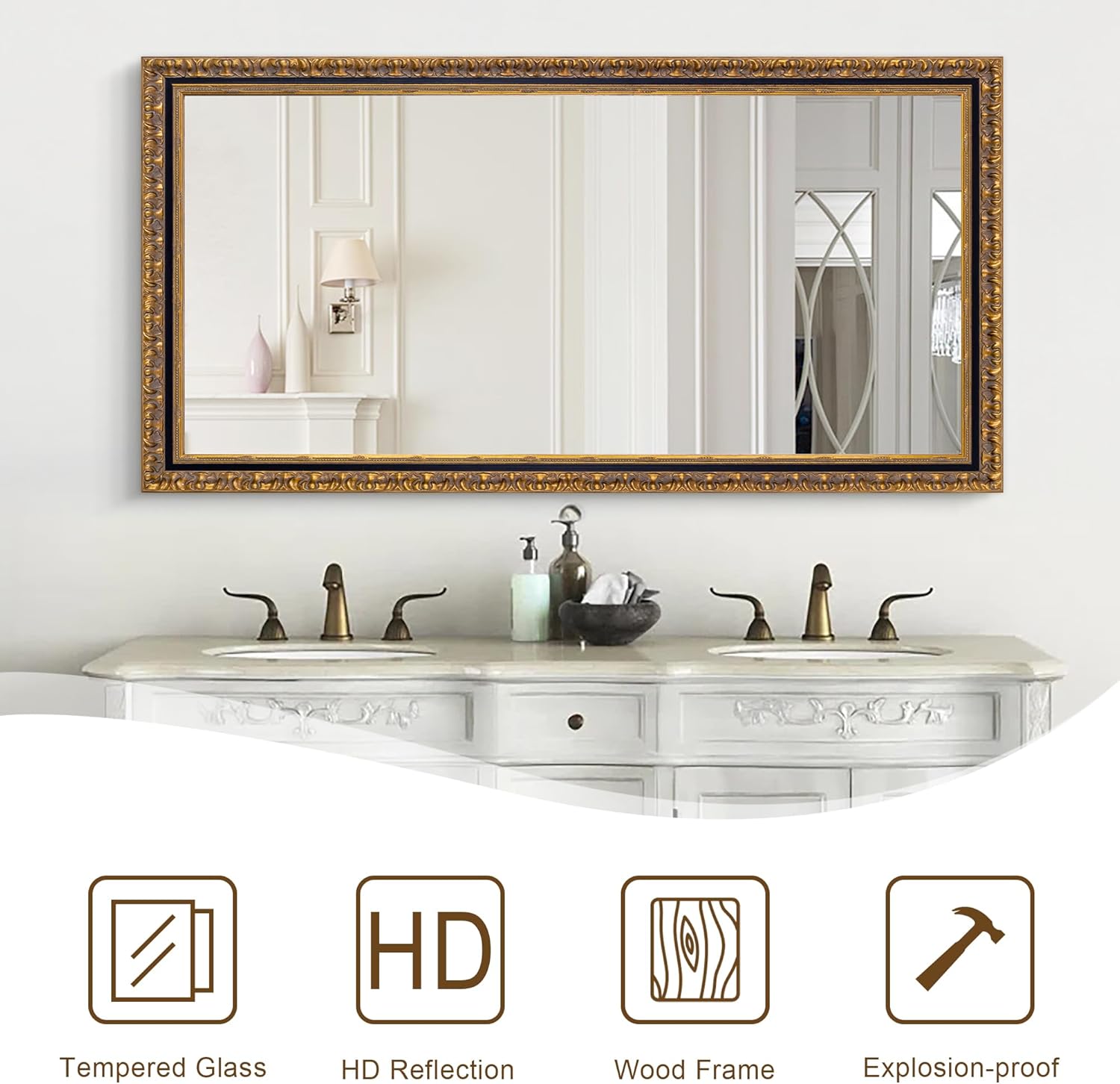 Chende Large Gold Mirror for Wall, 52''x28'' Decorative Wall Mirror with Ornate Carvings Wood Frame, Rectangle Vintage Mirror for Dining Room, Entryway, Bathroom, Living Room