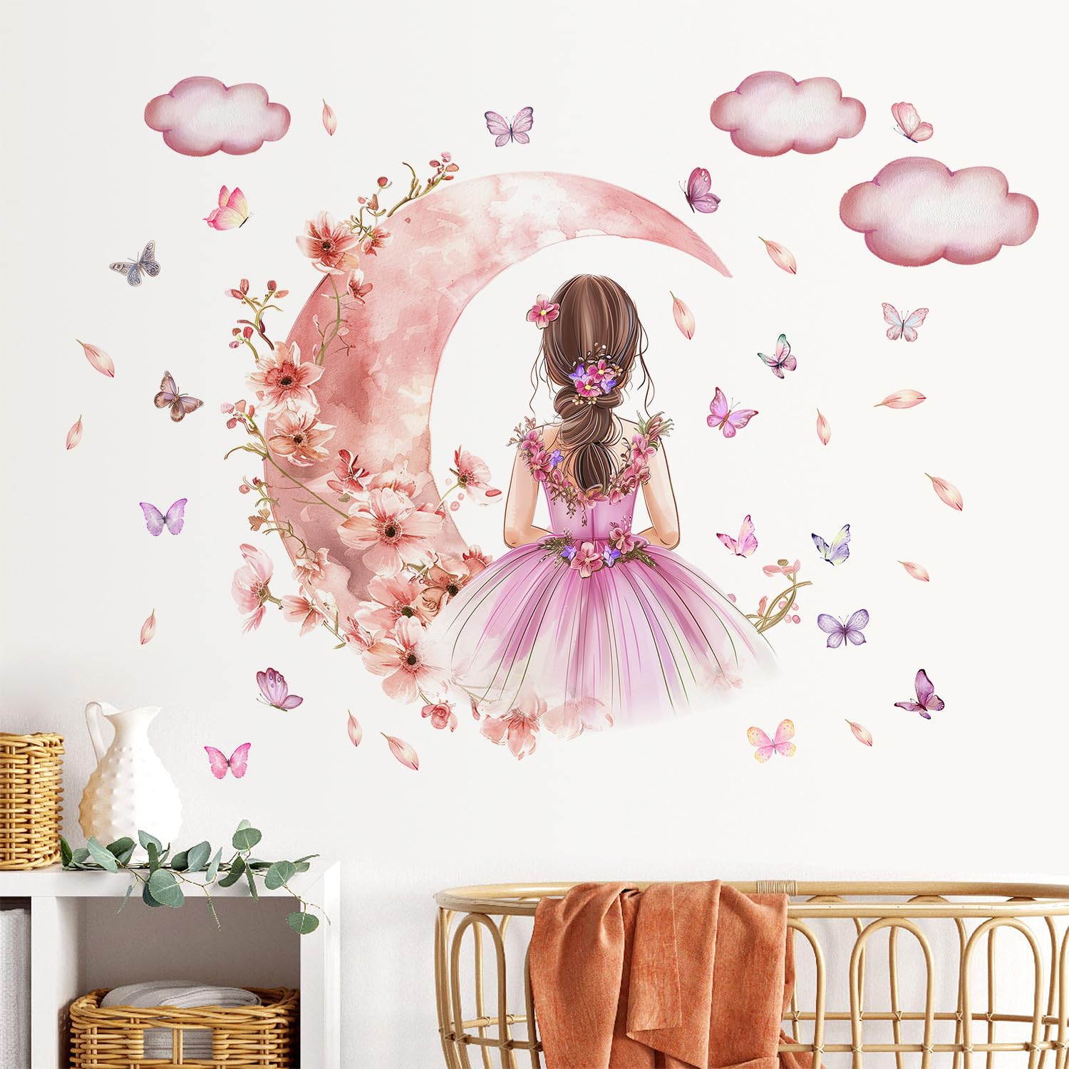 2 Sheets Pink Butterfly Girl Wall Decal - Removable DIY Moon Cloud Wall Decal Vinyl Pink Flower Princess Room Art for Girls Baby Nursery Bedroom Living Room Bathroom Classroom Decoration