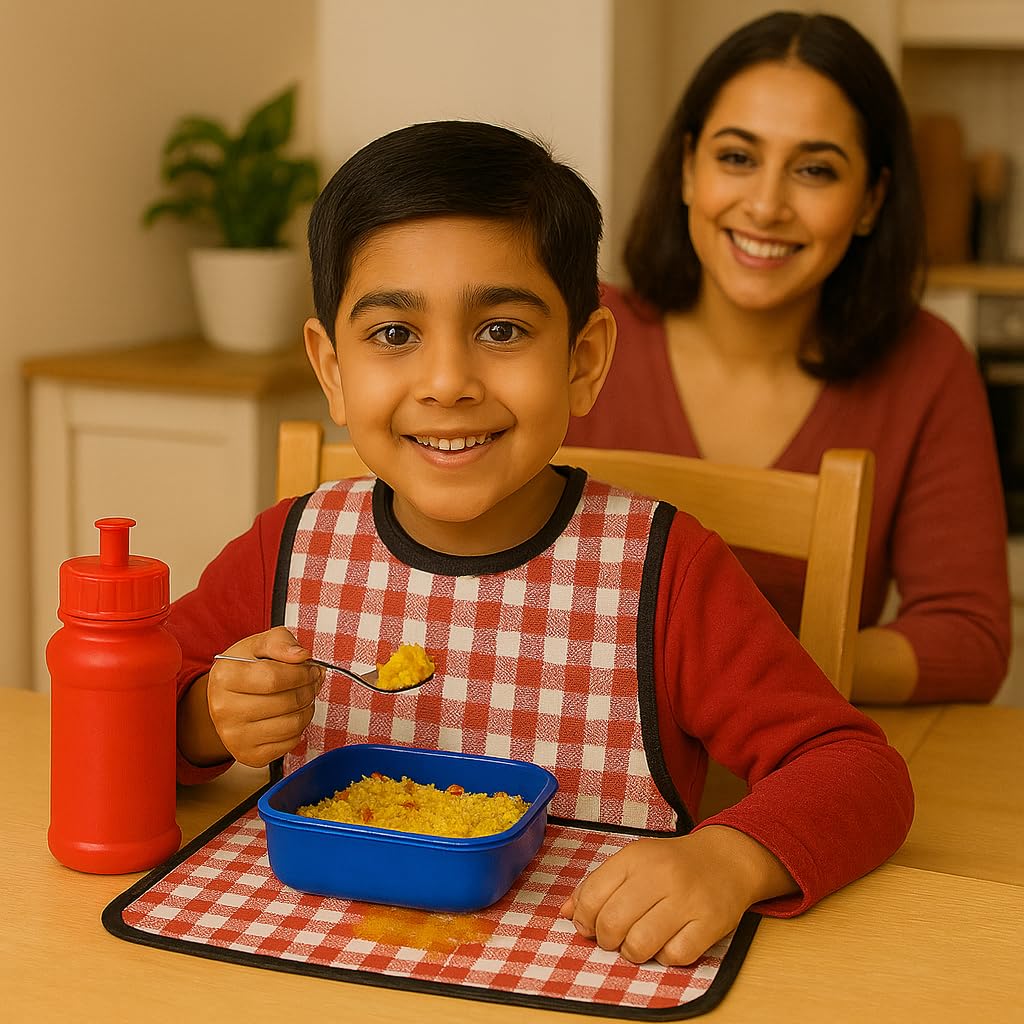 MAKSTILE Waterproof Kids Bib with Food Mat | Lightweight & Foldable | Multi-Purpose Clothing Protector for Boys & Girls (6-12 Years) | School Lunch, Eating, Painting, Craft & Travel(Red Check) - Image 5 thumbnail