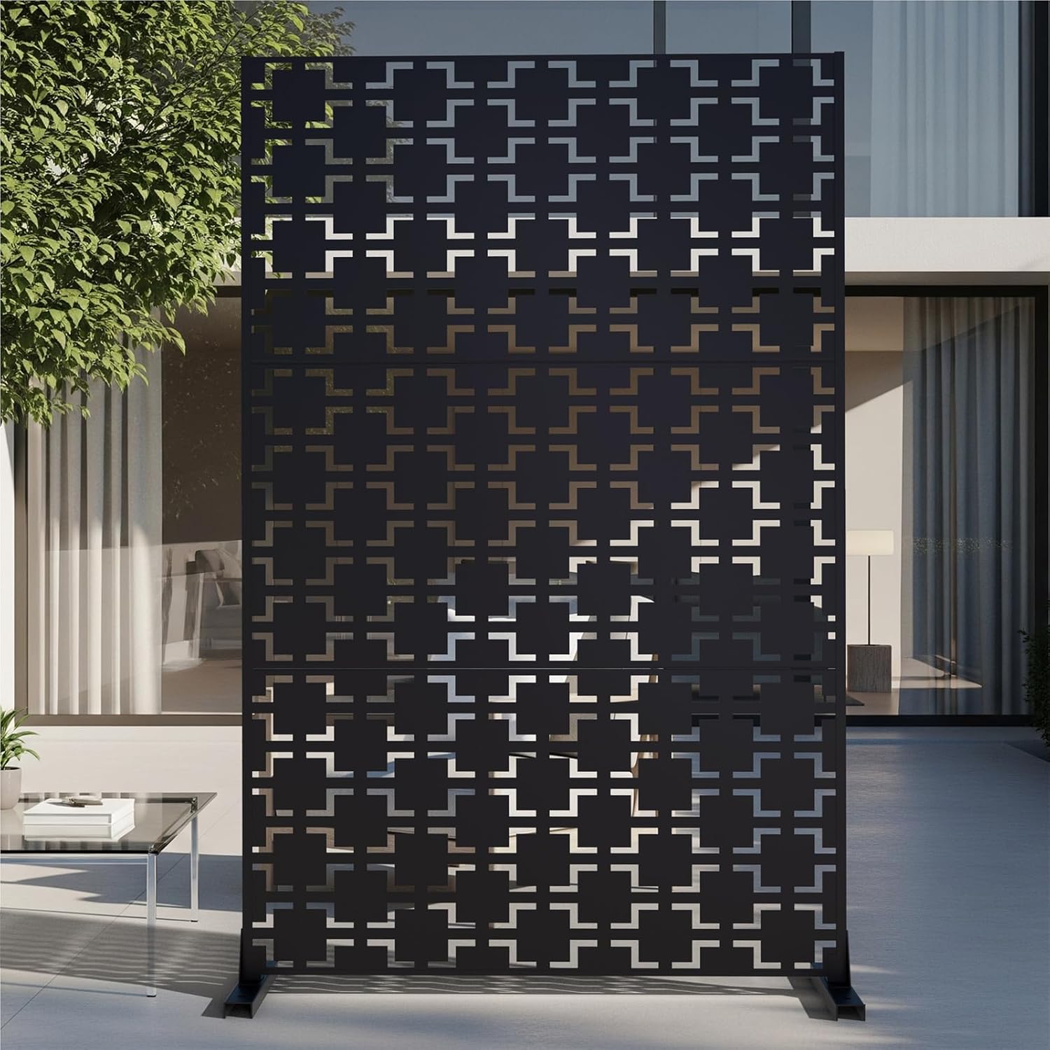 72" Metal Privacy Screen Freestanding Outdoor Room Divider Decorative Laser Cut Fence Panel, Weatherproof Patio Privacy Fence for Garden, Balcony, Backyard Landscape Black