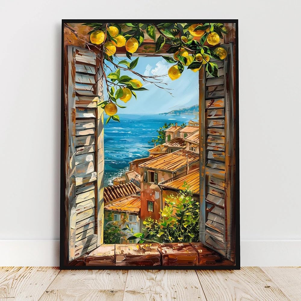 Gosrd Frameless Canvas Prints Open Window View Wall Art Coastal Painting Blue Sea And Roofs Lemon Tree Home Decor(40X55cm)