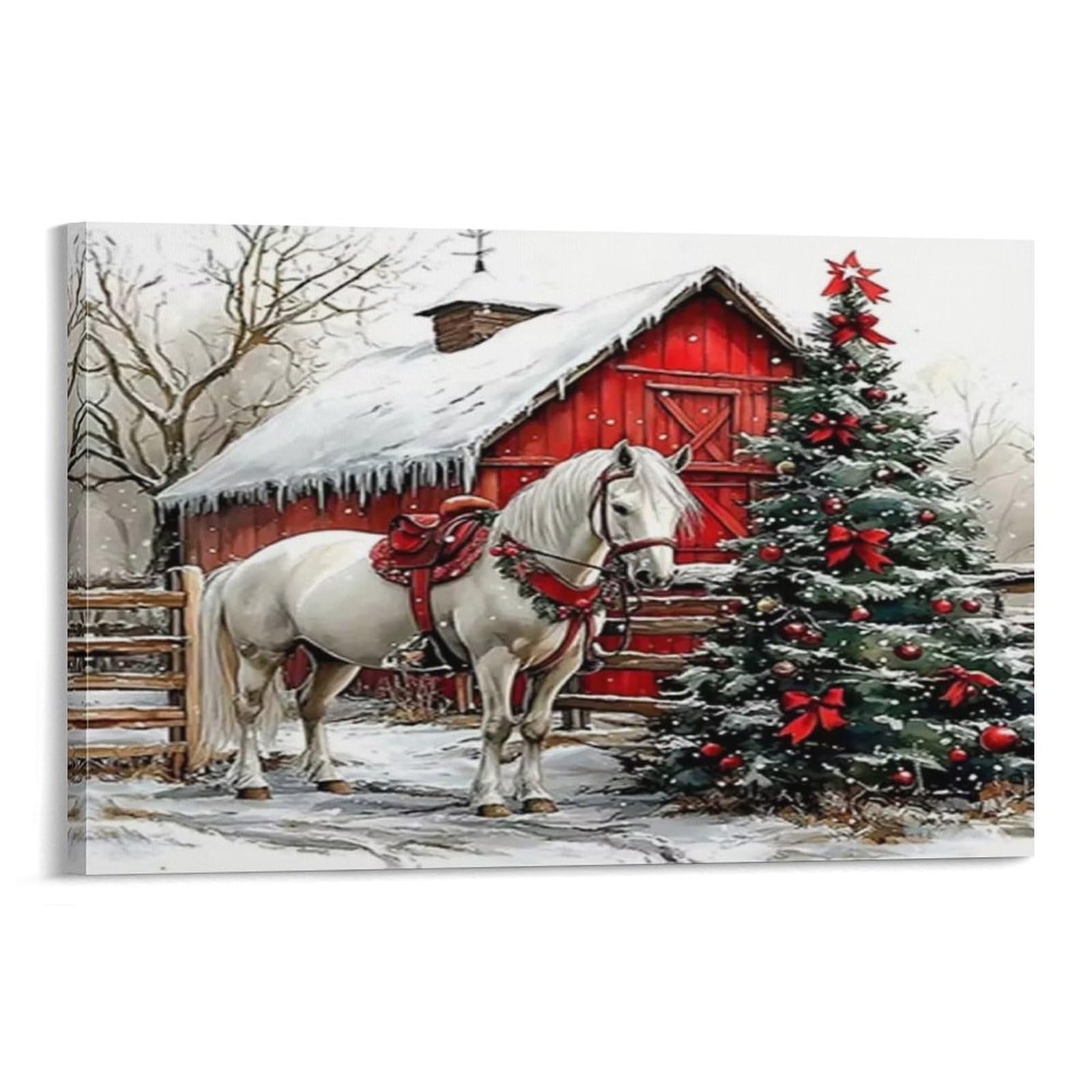 CPLVKWRQJ Snowy Red Barn with Horse Individual White Horse Red Barn Snowy Christmas Scene Canvas Wall Art - Office Canvas Print Fade Resistant Wall Focal Art Ready to Hang 16x24inch(40x60cm)