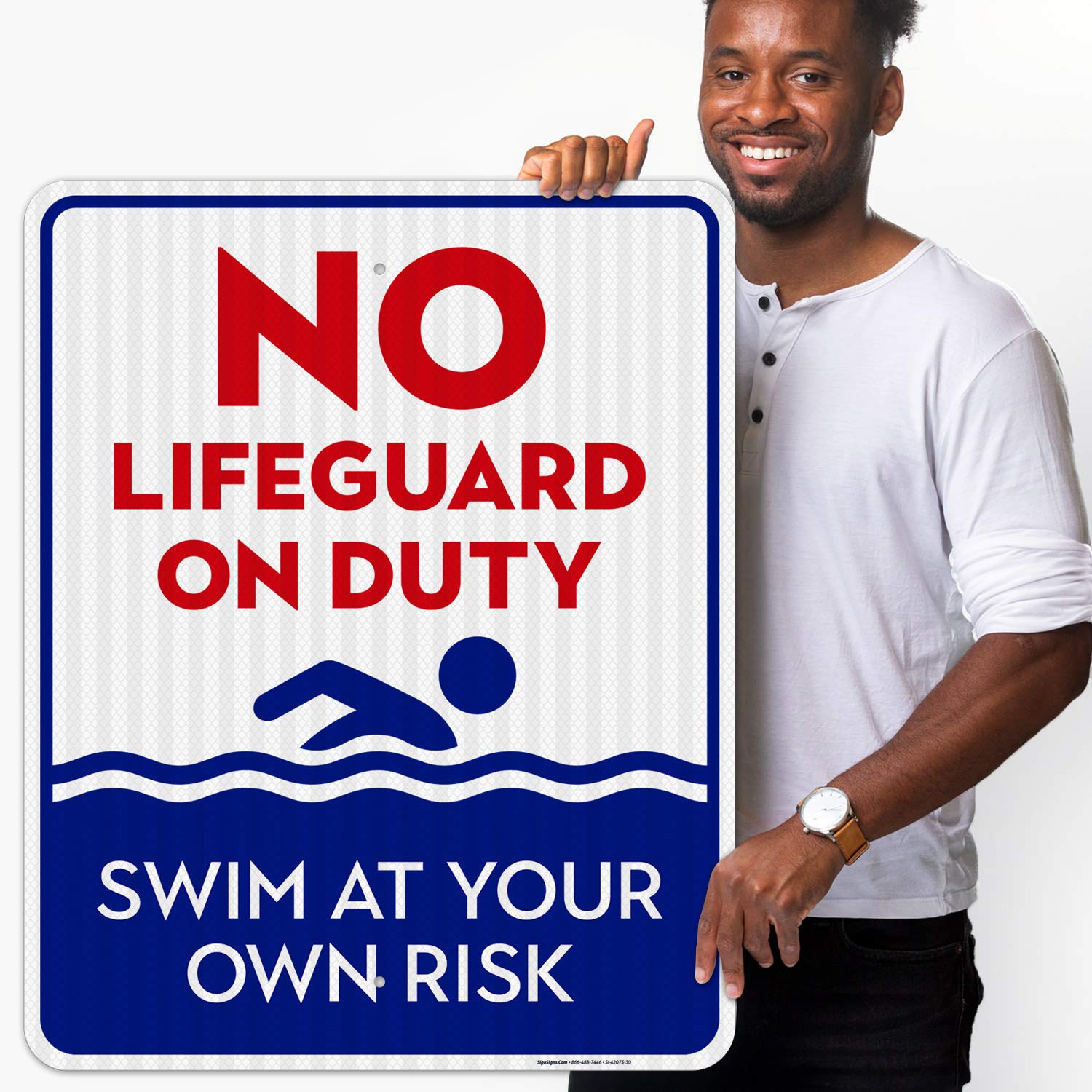 No Lifeguard On Duty Sign, Blue Pool Sign, 18x24 Inches, 3M EGP Reflective . 080 Aluminum, Fade Resistant, Made in USA by Sigo Signs