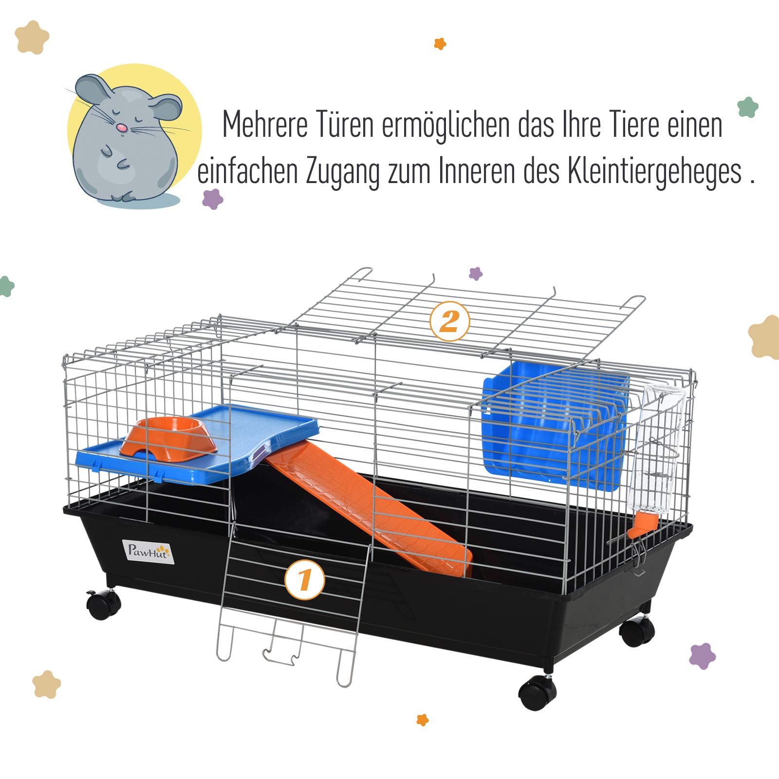PawHut Kleintierkäfig, Rollbarer Nagerkäfig, Starter-Set mit allem Zubehör, Stahl+PP+Nylon, Schwarz, 89x44x43 cm