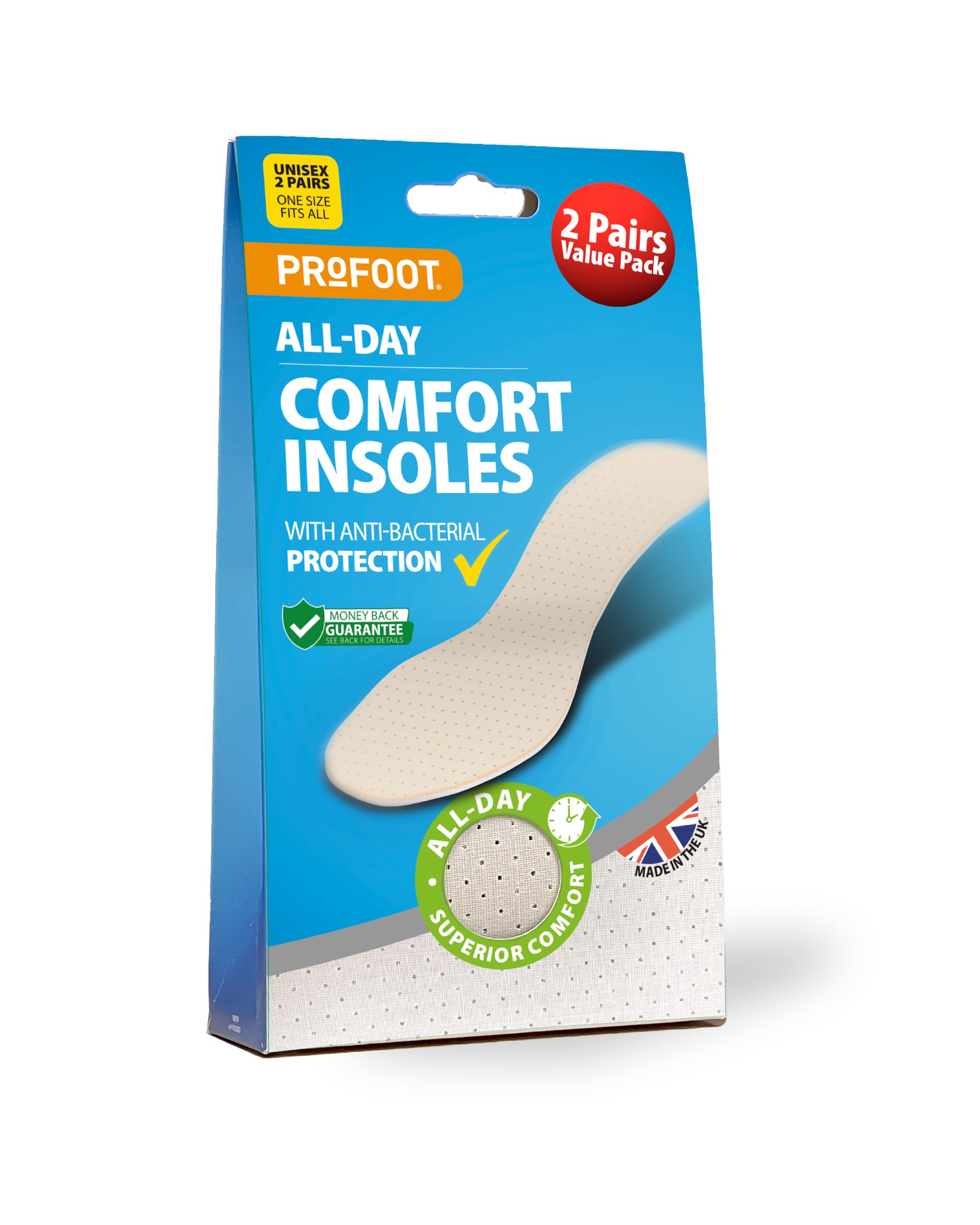 Profoot All Day Comfort Insoles - Anti-Bacterial Protection - Ideal for Foot Discomfort - Unisex Insoles with Superior Comfort - Transferable Between Shoes - Washable and Reusable (2 Pack)