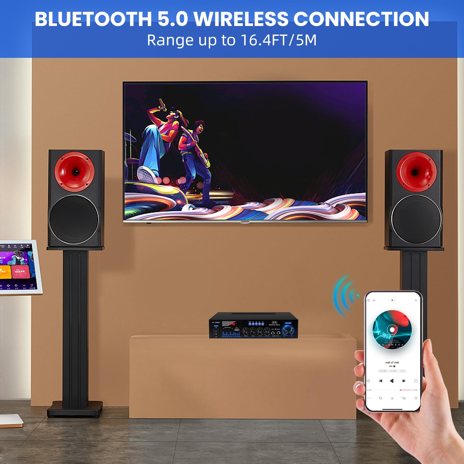 1000W amplificateur hifi, 2 Canaux ampli Bluetooth 5.0 RMS 60 W X2 Stereo pour Les Enceintes Domestiques enceinte hifi avec Contrôle des Basses et des Aigus SD USB FM 12V / 220V avec Télécommande IR