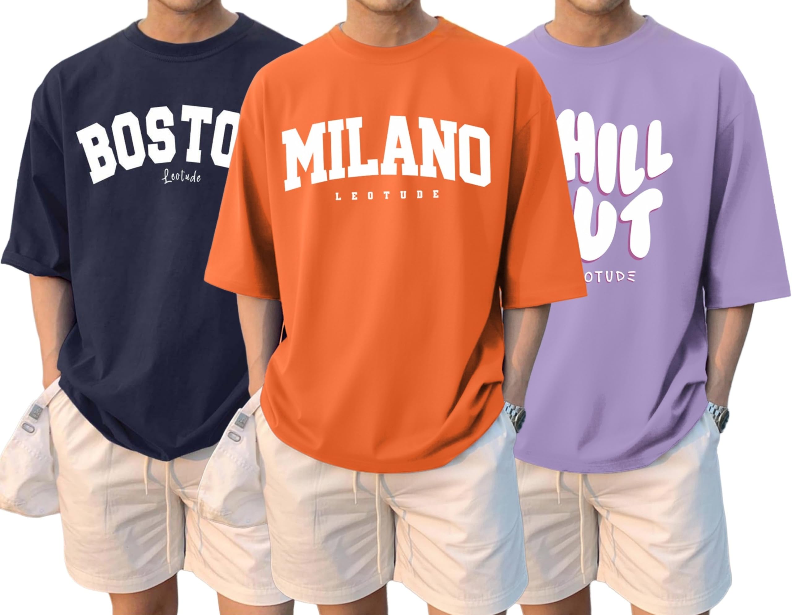 Men’s Oversize Graphic Printed Combo Pack of 3 T-Shirt | Round Neck Half Sleeve T-Shirt for Men's (Color : ORNG&Purple)