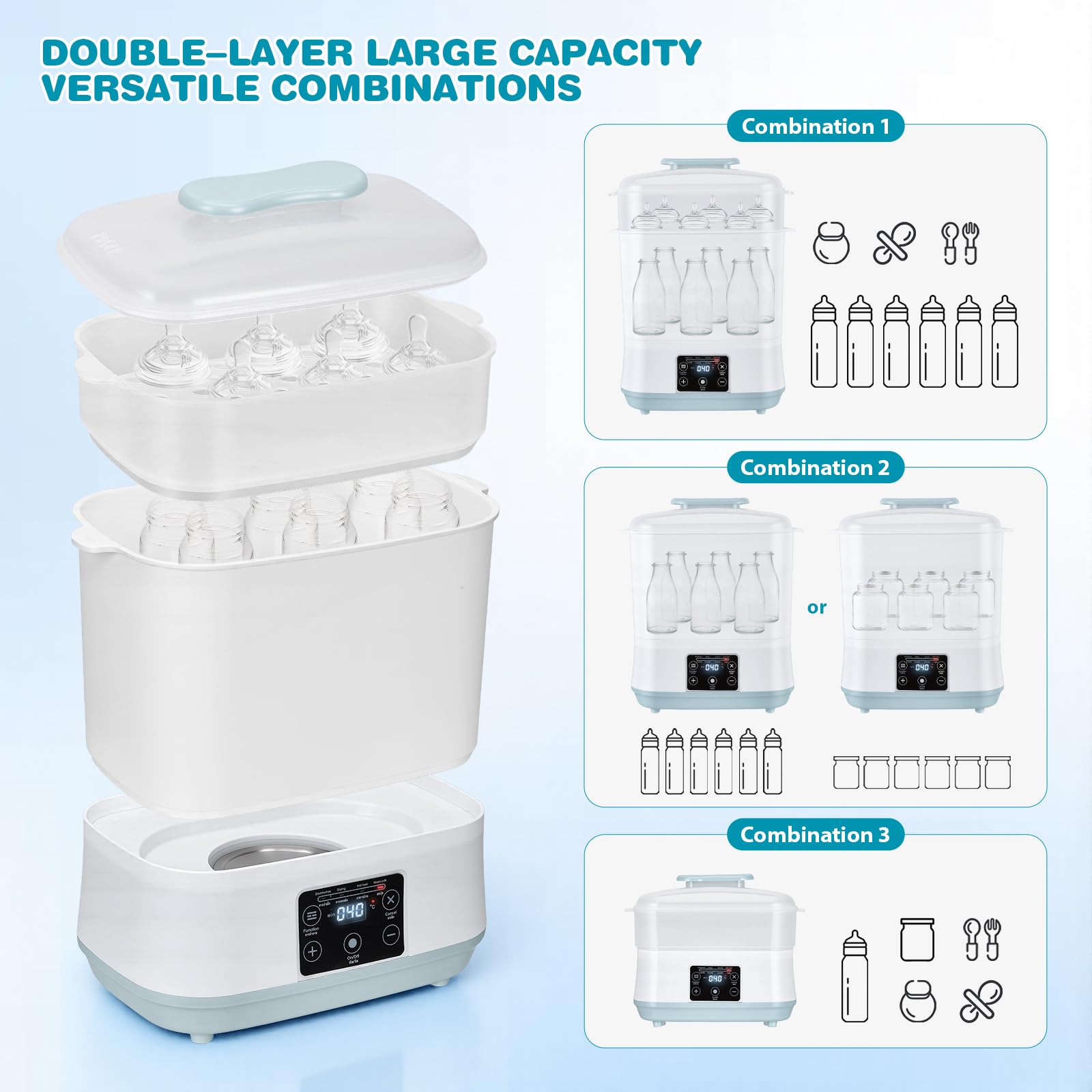 Sterilizzatore e asciugatrice per biberon, sterilizzatore elettrico a vapore 5 in 1 con kit di strumenti per la pulizia, sterilizzatore a vapore a 2 strati per biberon, ciucci, accessori per tiralatte