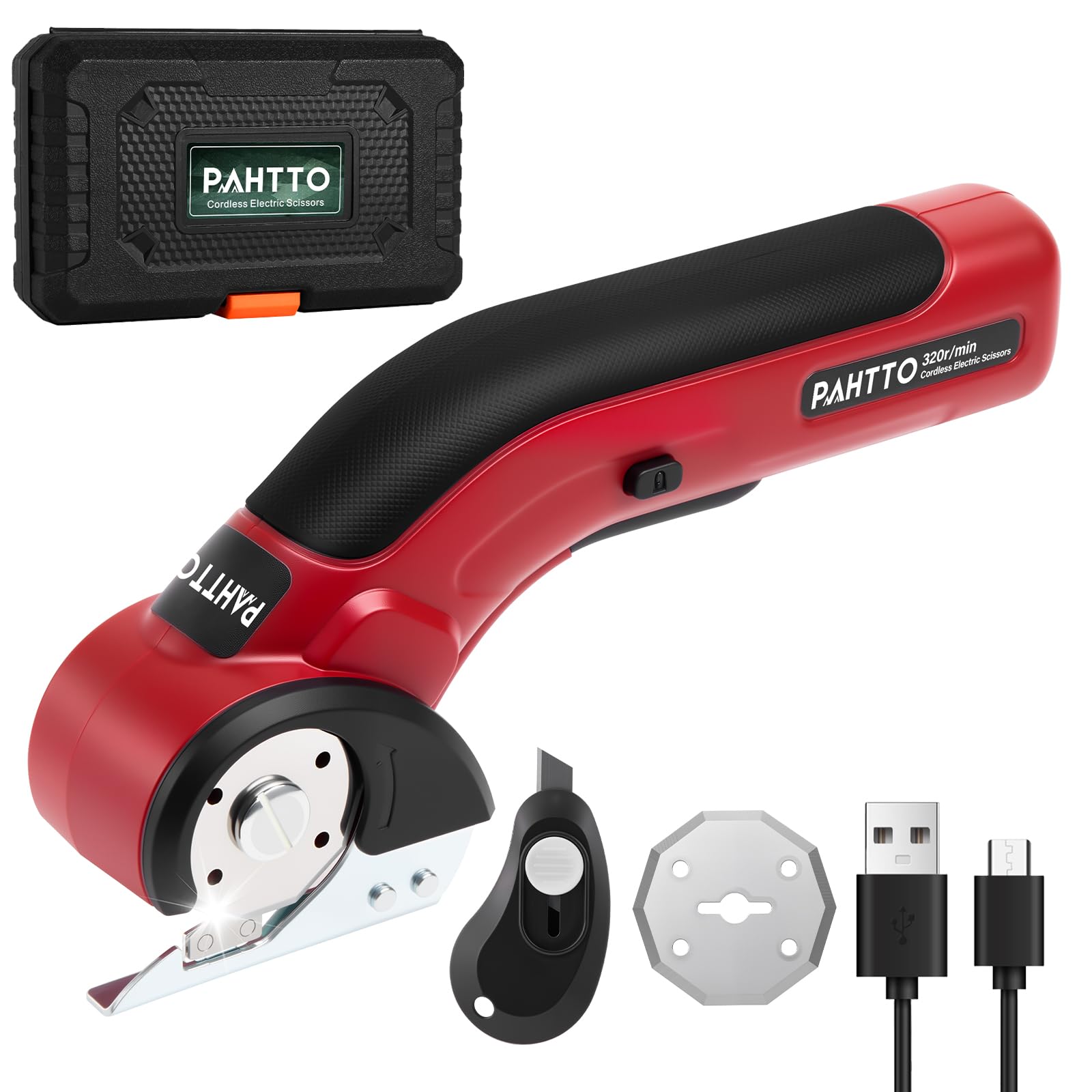 PAHTTO Cisaille électrique Coupe-carton 4 V, 320 tr/min, coupe-rouleau sans fil Coupe-tout universel avec 2 lames auto-affûtantes et chargeur, pour papier, carton, moquette, cuir, tissu (rouge)