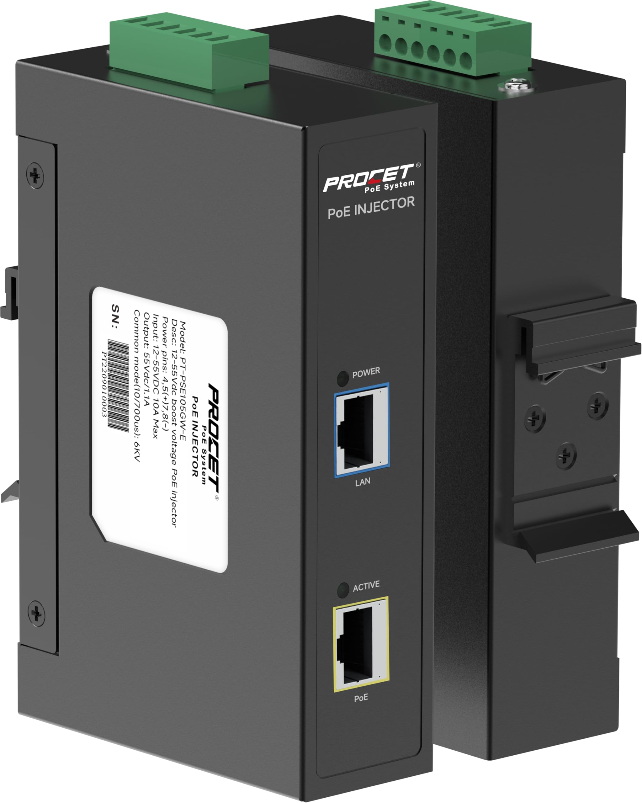 PROCET 60W PoE++ Injector Gigabit DIN Rail PoE Power Injector wiht PoE 6KV Surge Protection, IEEE 802.3af/at Standard Compliant, Wide Temp -40℉ to 149