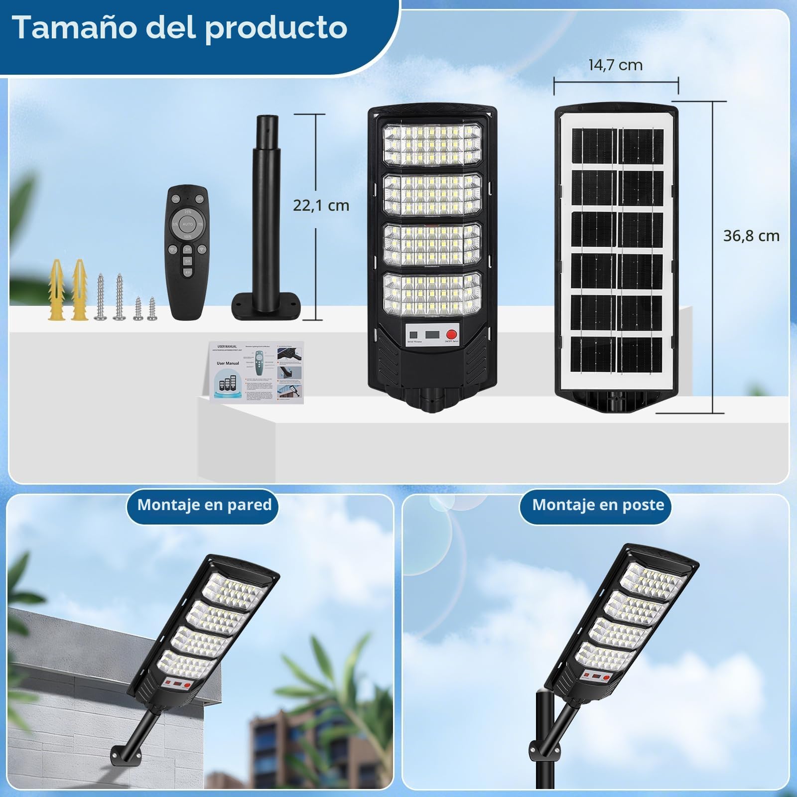 Farolas Solares Exterior 600W, 84 LED Farola Potente con Control Remoto,IP66 Impermeable Luz Solar Exterior Sensor de Movimiento,Foco Solar Luz de Seguridad para Jardín, Patio,2 Paquetes