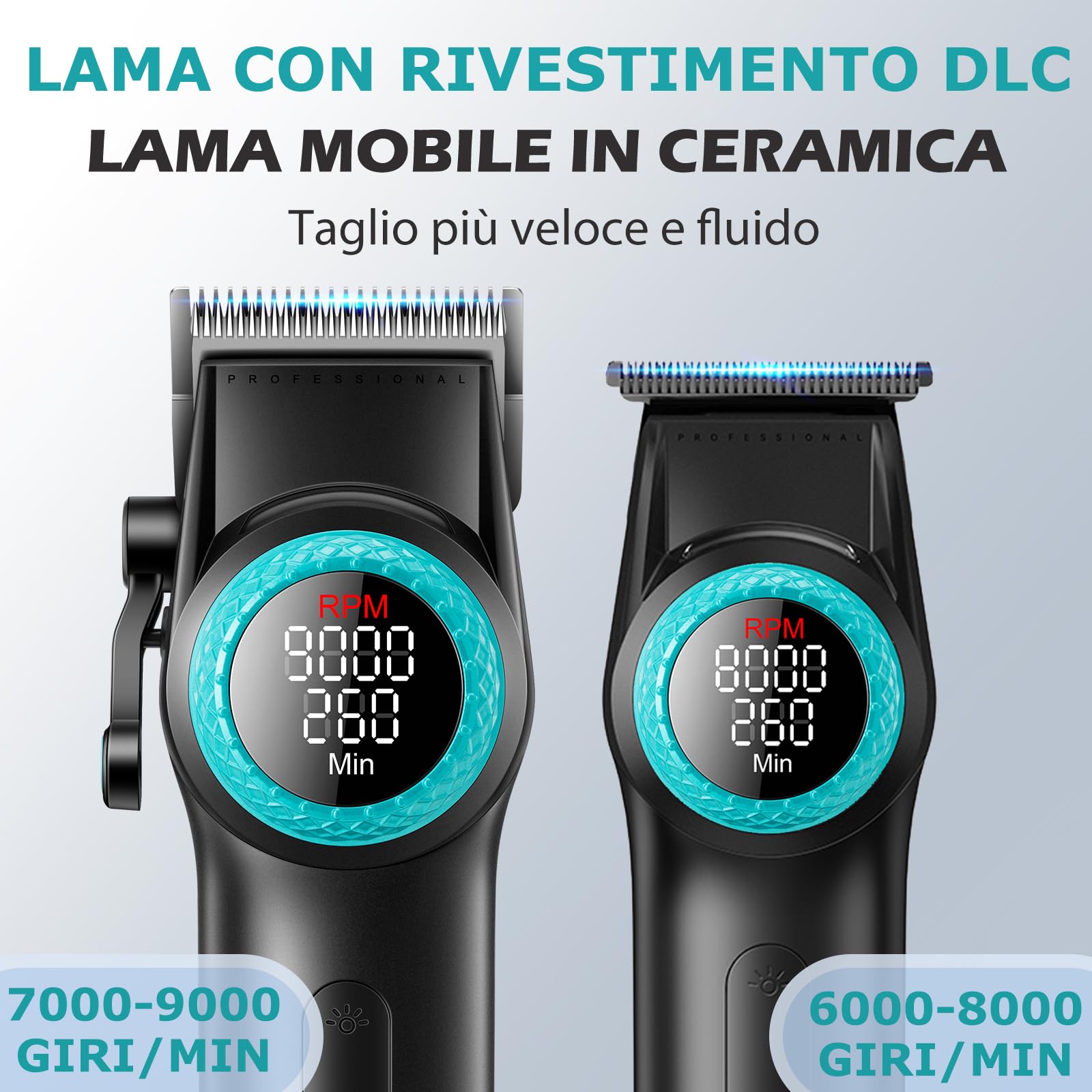 VGR 001 & 977 Tagliacapelli Uomo Professionale, Set Macchinetta per Capelli e Trimmer Zero Gap Senza Fili, Kit Barbiere con Lama DLC e Luce LED Spot, Ricarica USB con Base di Ricarica, Nero