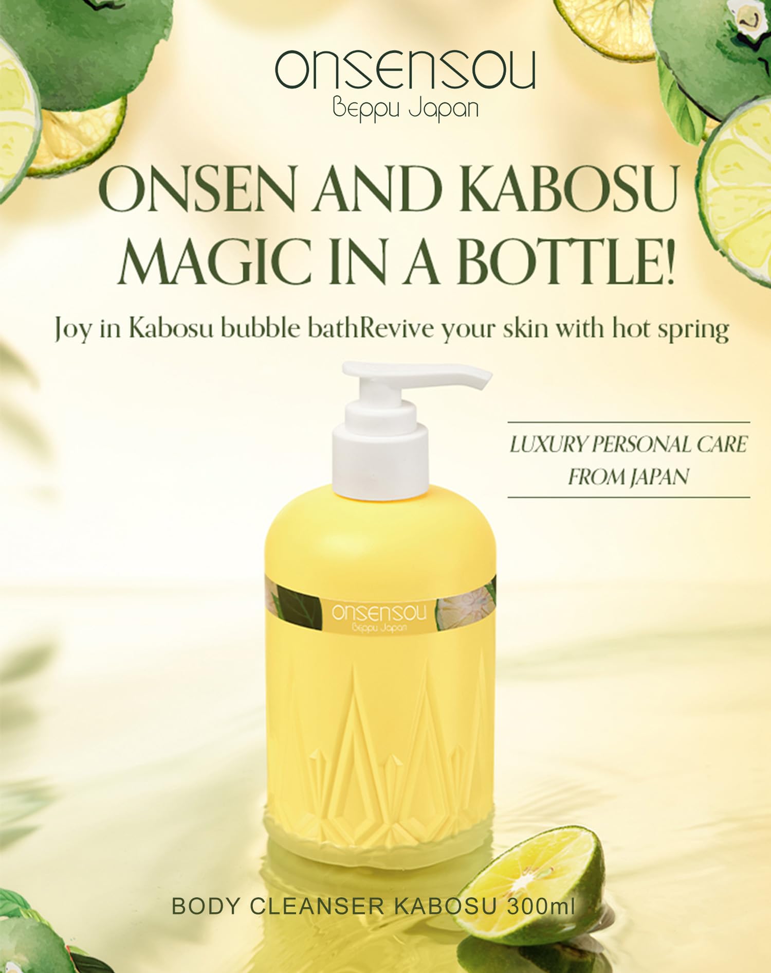 limpiador corporal KABOSU gel de baño jabón corporal hidratante para piel seca. Espuma concentrada con queratina sin parabenos hecho en Japón aroma cítrico 300ml