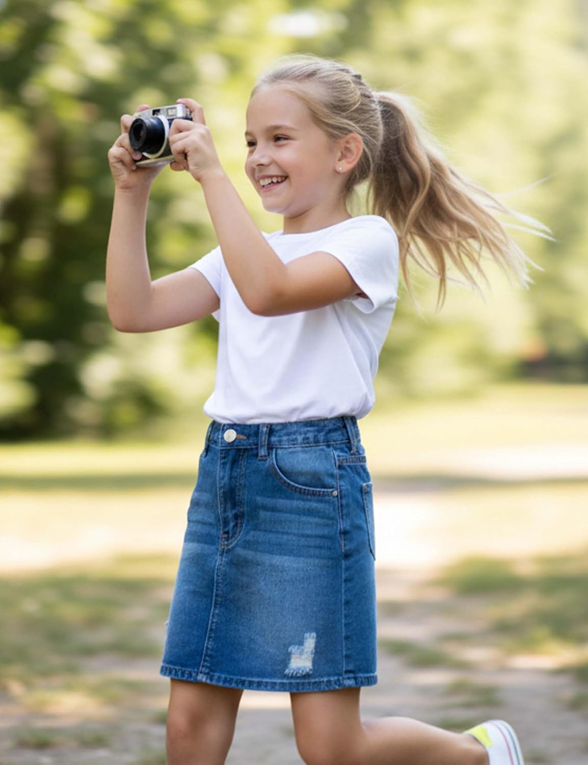 Girls' Denim Skirt Elastic Waist A-Line Knee Length Ripped Casual Jean Skirts with Pockets 4-13Y