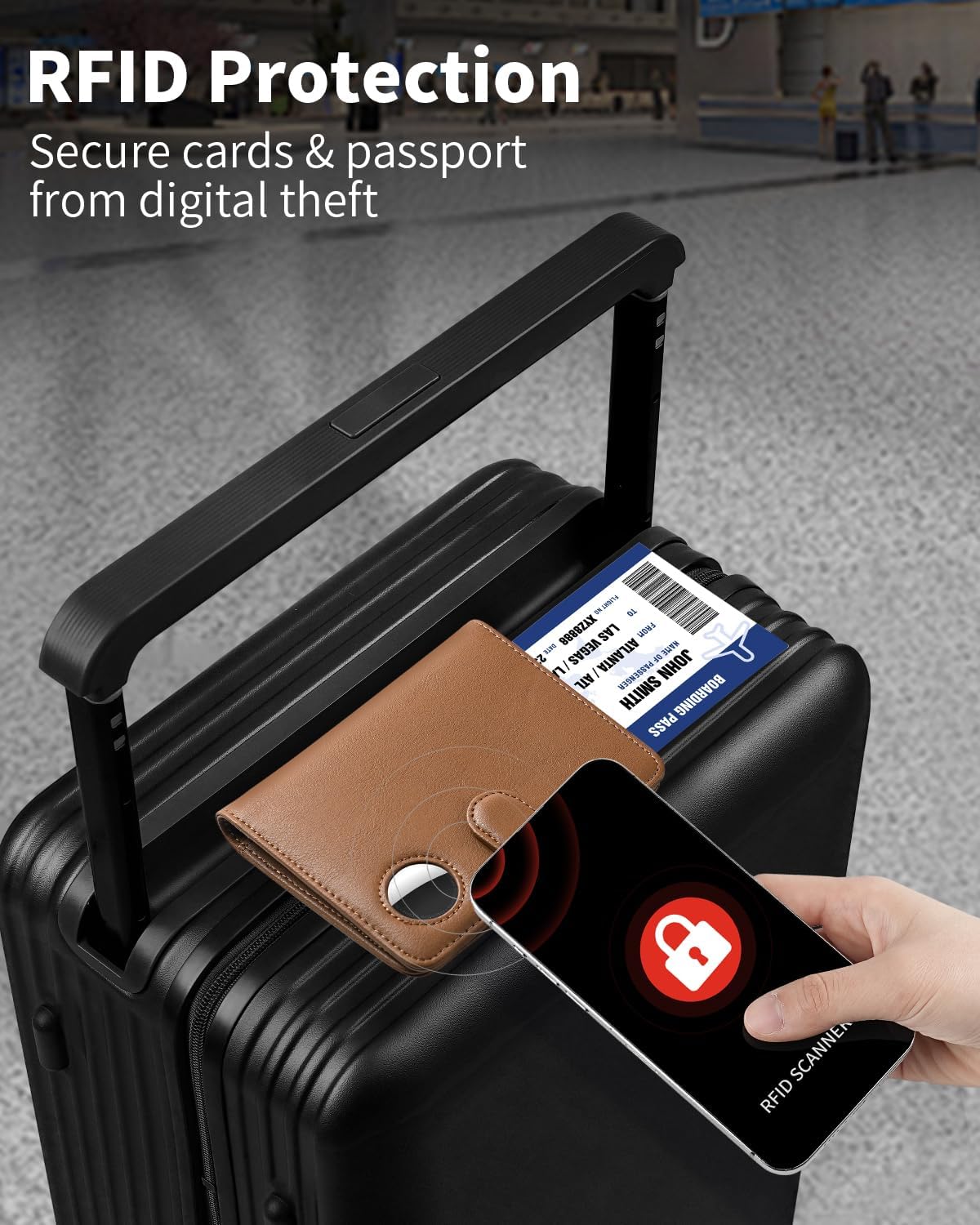 Passport Holder for Travel with AirTag Holder- Leather RFID Blocking Travel accessories with 5 Cards Slot&1ID Window,Magnetic Closure,Gift Box(Air Tag Not Included)