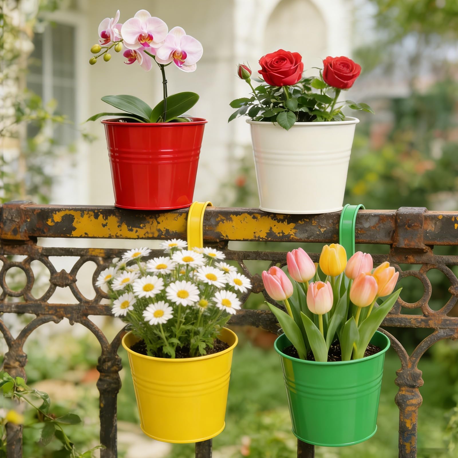 CITÉTOILE - Juego de 4 Macetas Colgantes Grandes con Agujero de Drenaje y Asas Extraíbles - Set Multicolor para Plantas Colgantes de Balcón, Terraza o Interior, Modelo 04 — view 6