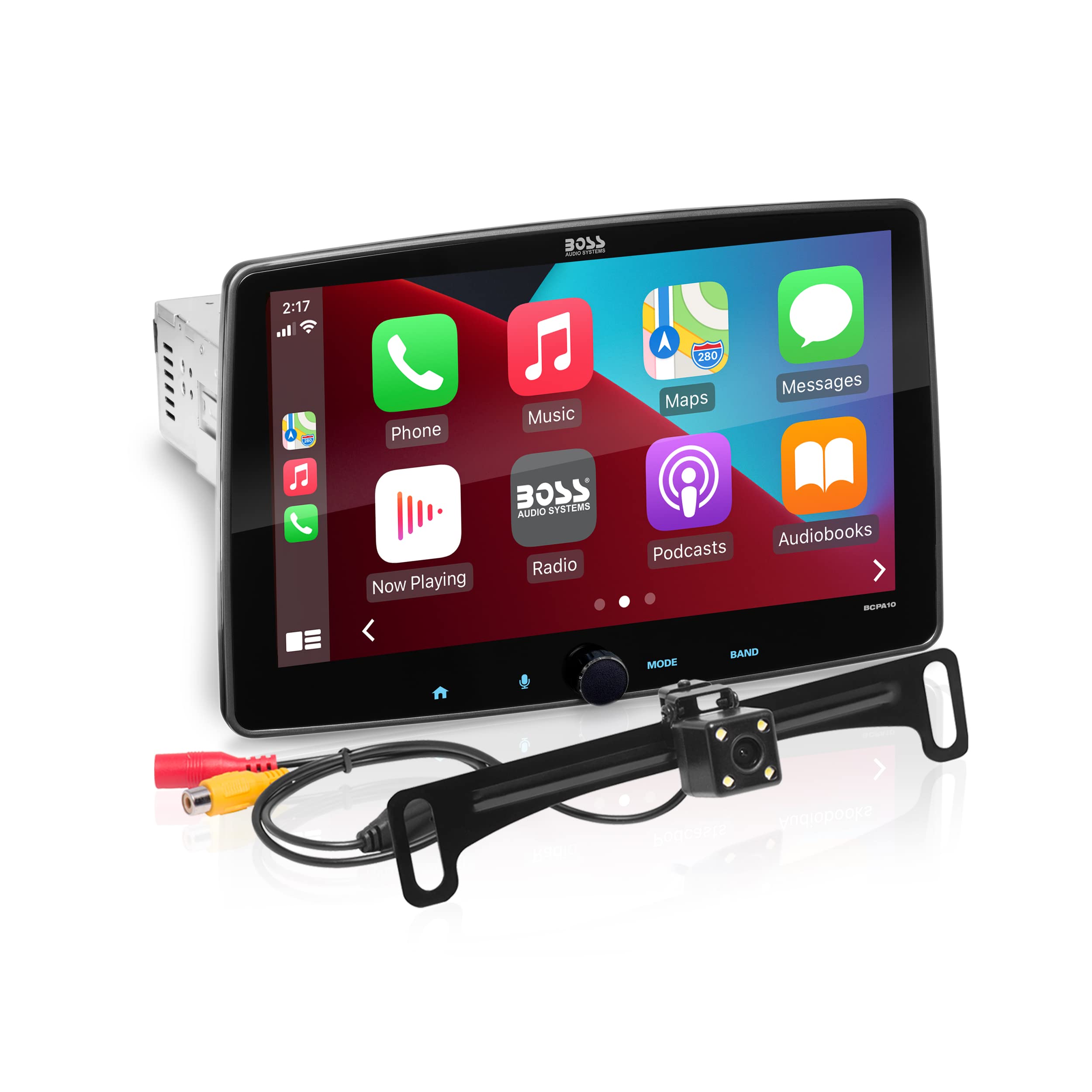 BOSS Audio Systems BCPA10RC Apple CarPlay Android Auto Car Multimedia Player - Single Din Chassis with 10.1 Inch Capacitive Touchscreen, Bluetooth, No DVD, RGB Illumination, Rear Camera Included