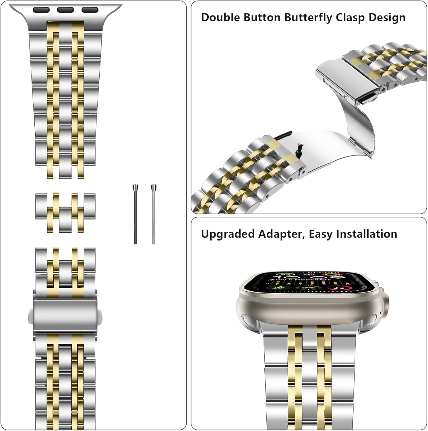 Tasikar Band Compatible with Apple Watch Ultra 3 Band 49mm, Men Women Strap Solid Stainless Steel Metal Bracelet Compatible with Apple Watch Ultra 2/1 49mm, Silver-Gold - Image 6