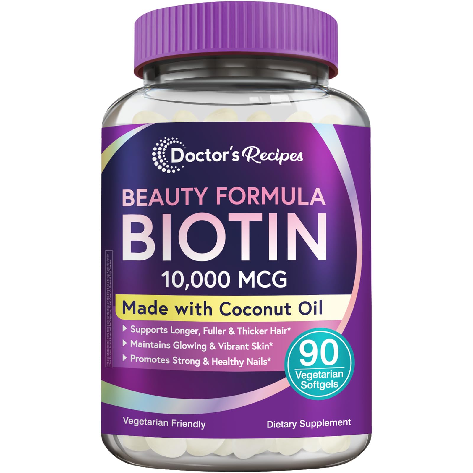 Doctor's Recipes Biotin 10,000 mcg, Hair Growth, Healthy Skin & Nails, Energy Metabolism, Vegetarian-Friendly Biotin, with Coconut Oil, Non-GMO, 3 Month Supply, 90 Vegetarian Softgels