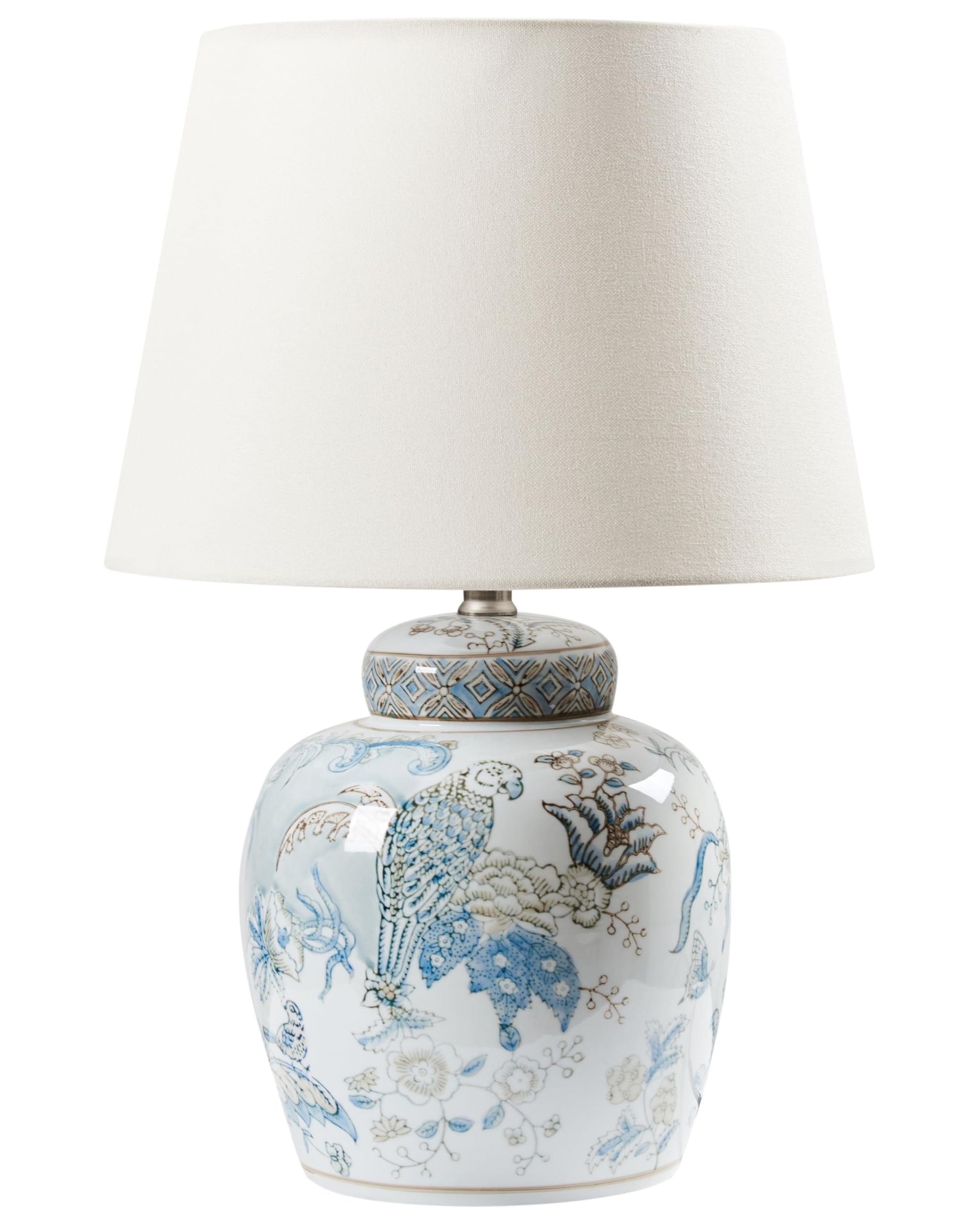Beliani Lámpara de mesa elegante con base de porcelana con estampado pantalla de lino tambor iluminación blanco y azul Jamapa