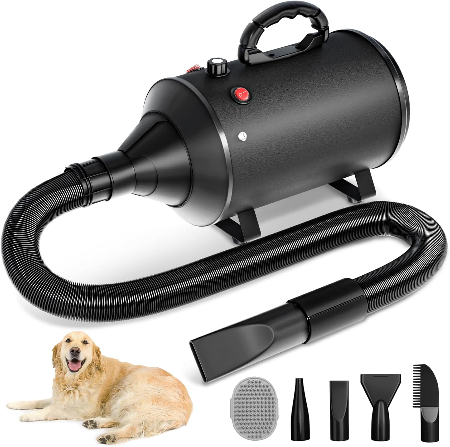High Velocity Blow Dryer For Dogs, 5.2HP/ 3800W Dog Hair Dryer Speed Temperature Adjustable，Dog Blow Dryer with Thickened Handle,Low Noise Dog Blower Grooming Dryer，4 Nozzles ,1 Massage Brush,Black