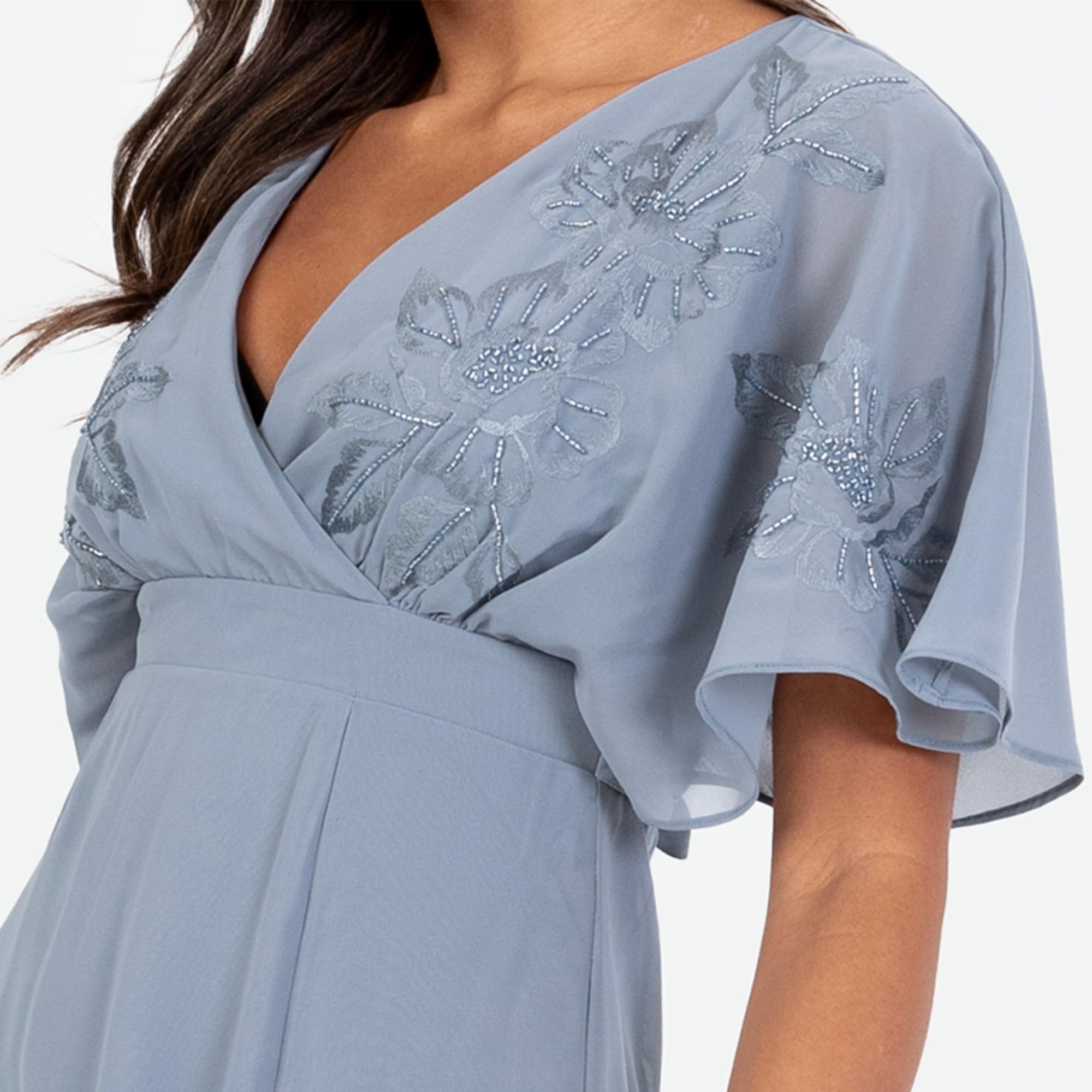 Women's Maxi Dress Ladies V-Neck Wide Sleeve Floral Embroidered Wrap Bodice Tie Belt Split Wedding Guest Prom Ball Gown