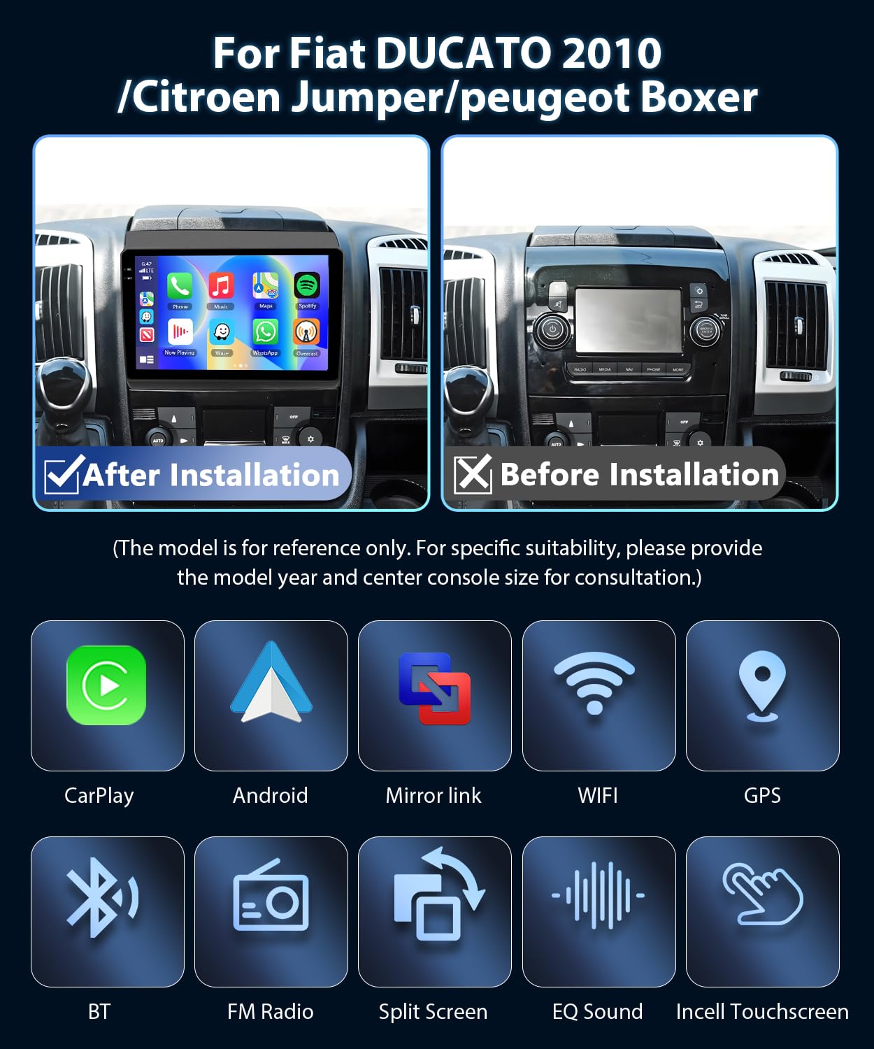4GB+64GB Carplay Autoradio pour Peugeot Boxer pour Fiat Ducato 2010 pour Citroen Jumper, Android Auto Incell GPS Navigation WiFi FM/RDS Radio SWC Canbus Bluetooth EQ + Caméra de Recul