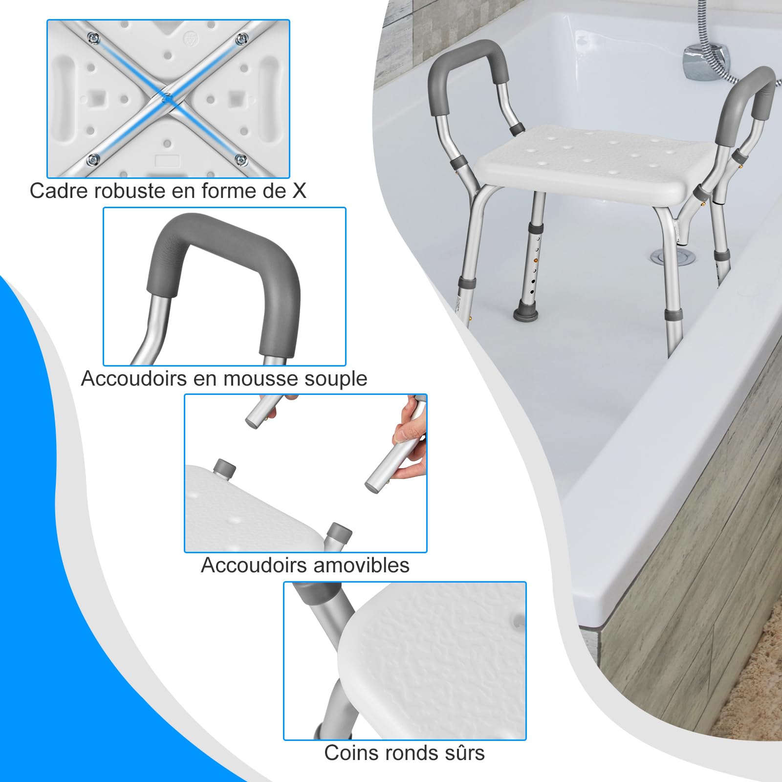 RELAX4LIFE Taburete de ducha antideslizante ajustable en altura 54-67 cm, silla de ducha de aluminio con reposabrazos, asiento de ducha para adultos para personas mayores discapacitadas embarazadas
