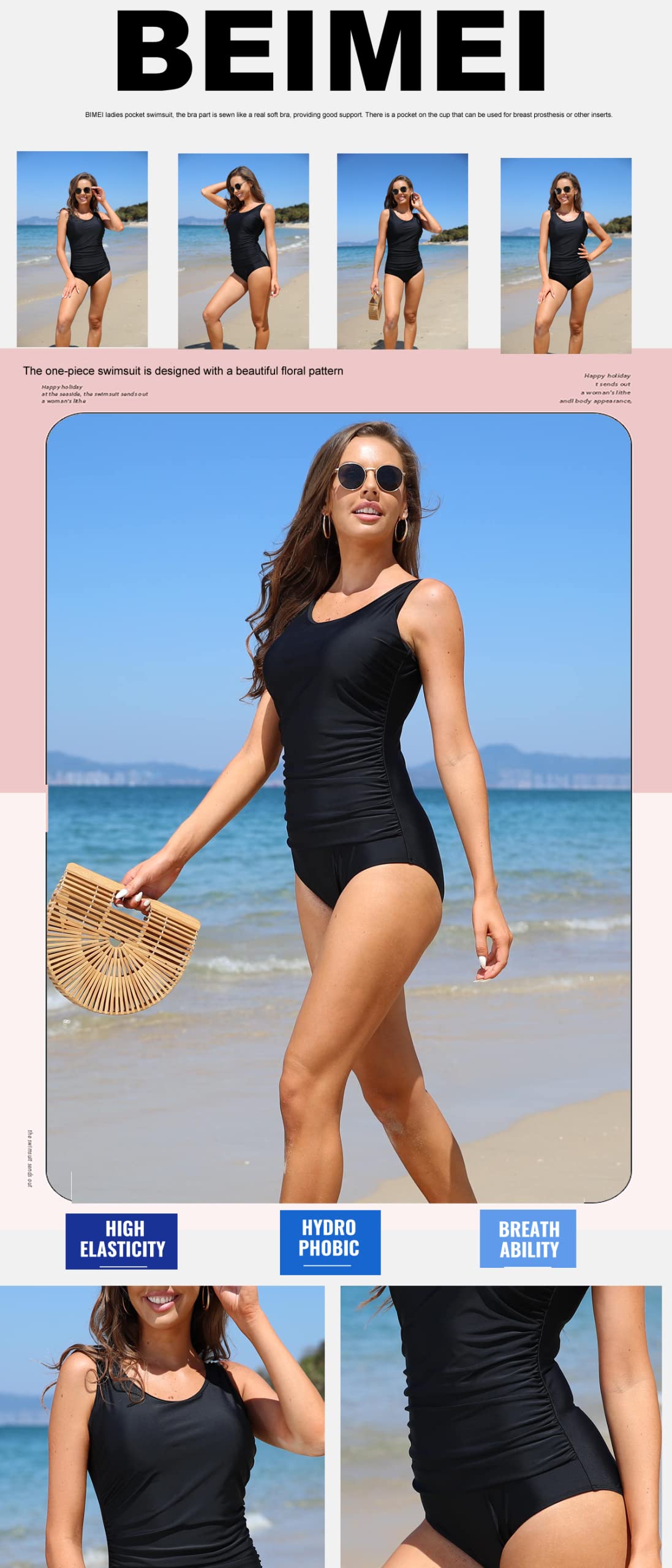 BIMEI Maillot de Bain Mastectomie avec Poches en Silicone pour Faux Sein, Cancer du Sein, Maillot de Bain pour femme125