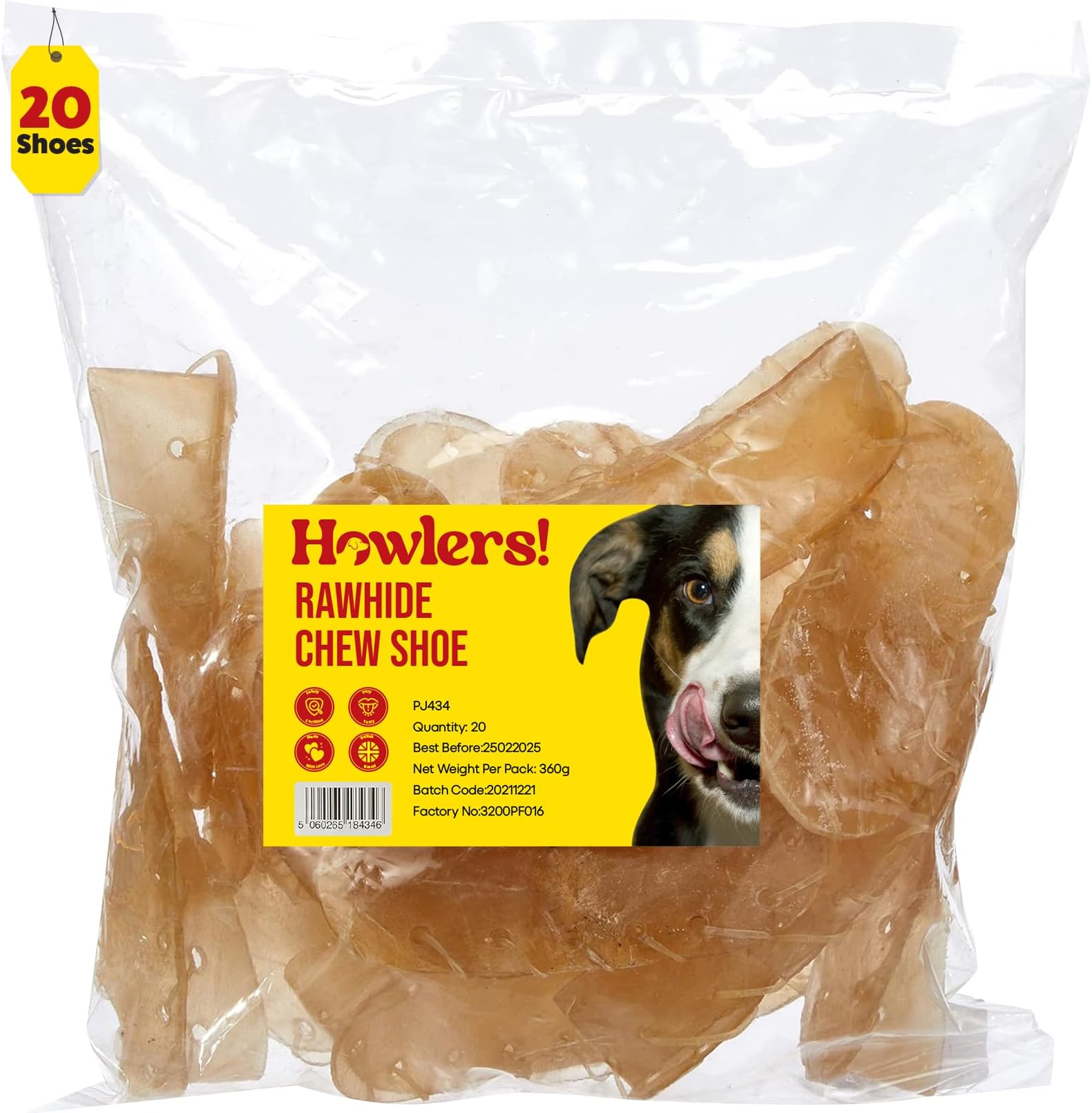 HOWLERS 12.5cm Pack of 20 Natural Rawhide Dog Chew Shoes | Rawhide Shoes For Dogs Made From 100% Natura Hide | Dog Chews Long Lasting Natural Ingredients
