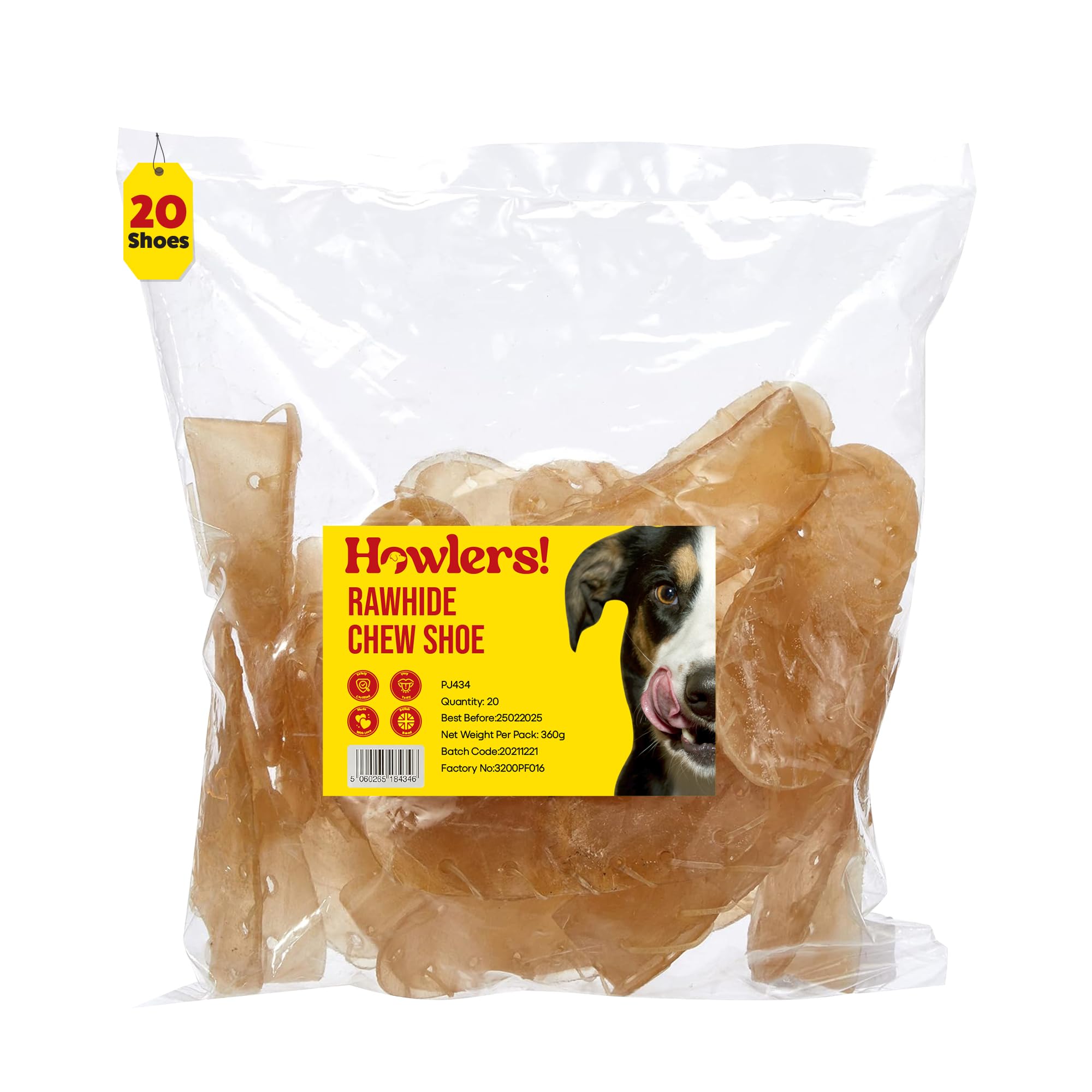 HOWLERS 12.5cm Pack of 20 Natural Rawhide Dog Chew Shoes | Rawhide Shoes For Dogs Made From 100% Natura Hide | Dog Chews Long Lasting Natural Ingredients