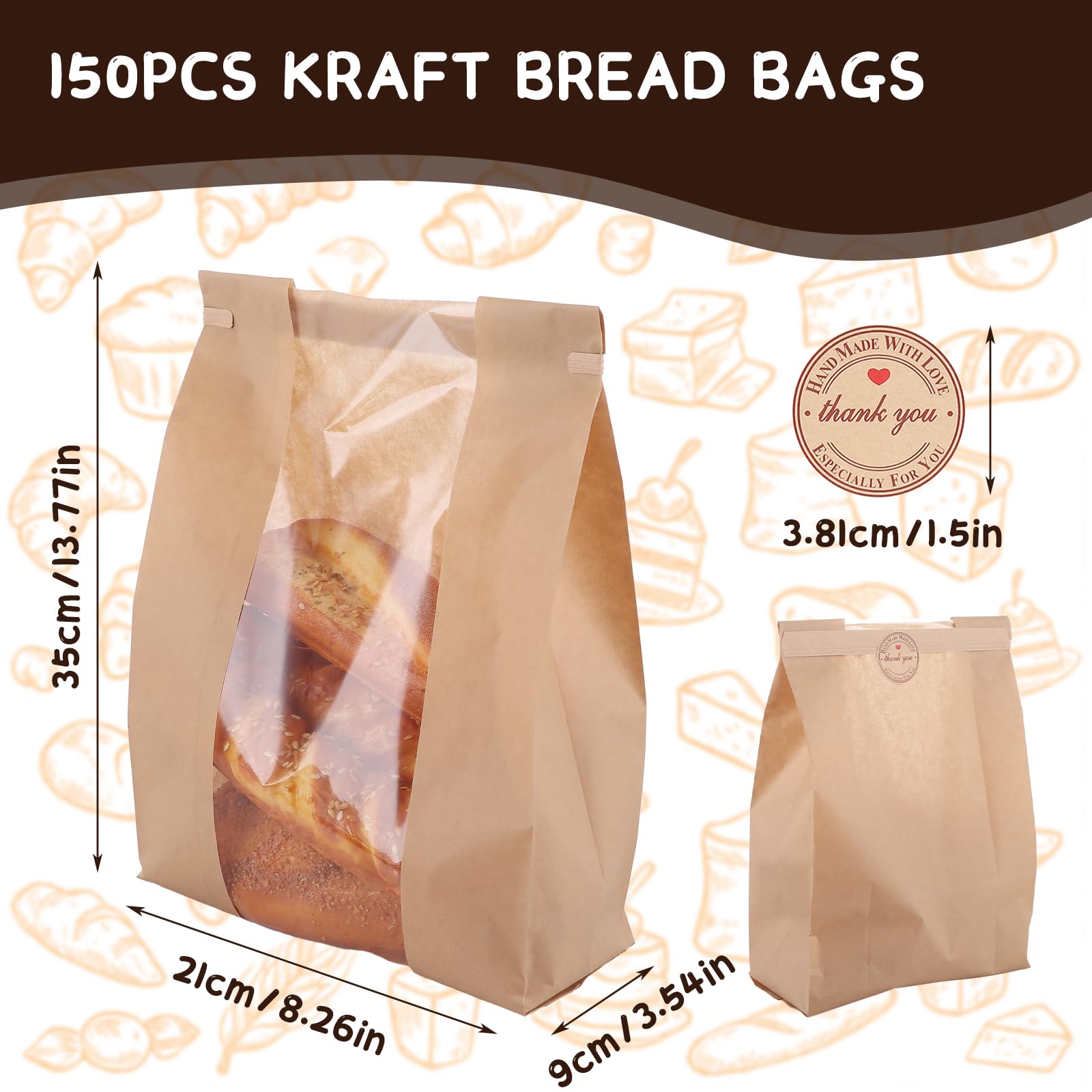 150 sacchetti di carta per pane fatti in casa, sacchetti per pane a lievito naturale con finestra e grandi sacchetti di carta adesivi di ringraziamento, sacchetti per panini per imballaggi al