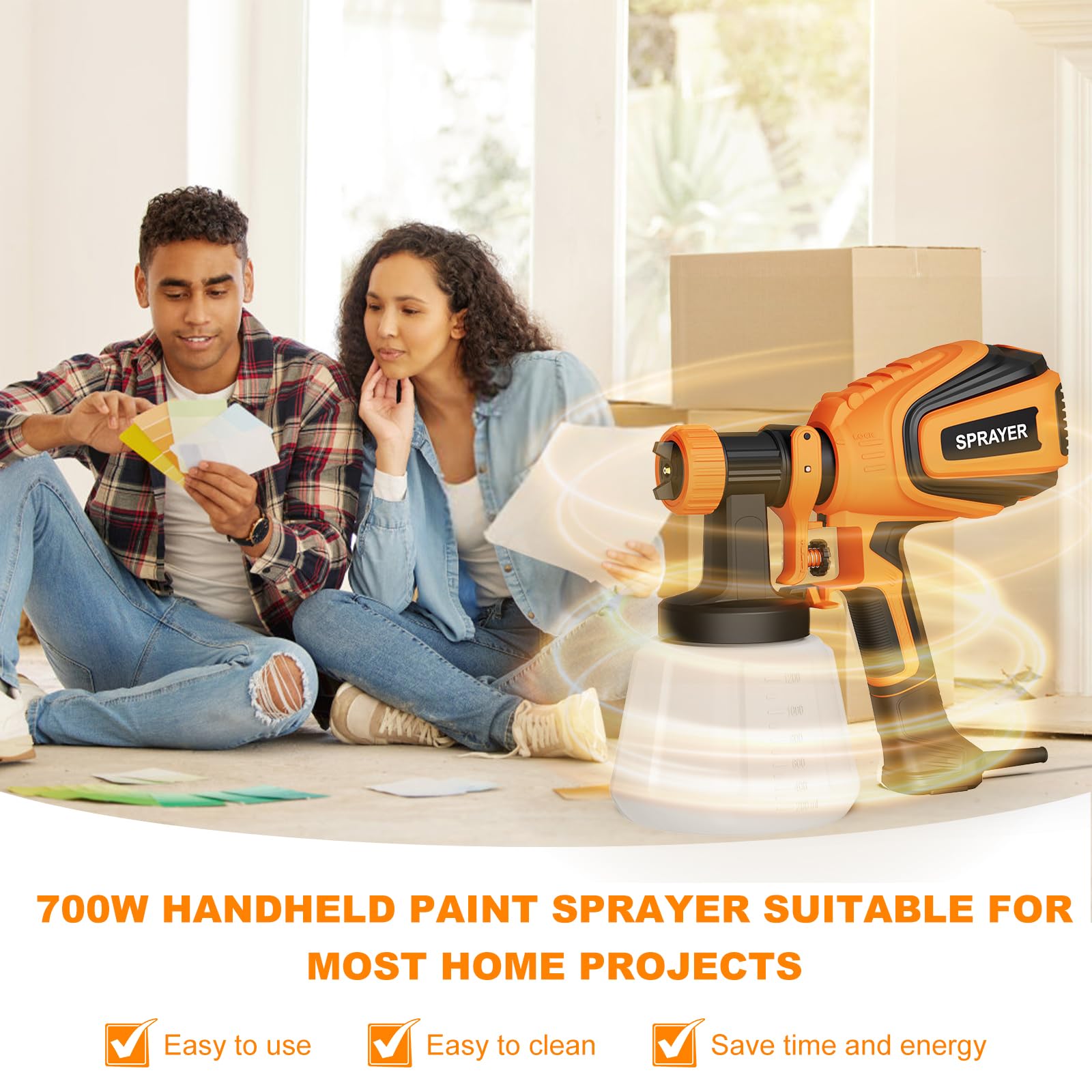 VONFORN Paint Sprayer, 700W HVLP Spray Gun with Cleaning & Blowing Joints, 4 Nozzles and 3 Patterns, Easy to Clean, for Furniture, Cabinets, Fence, Walls, Door, Garden Chairs etc. VF803 Orange