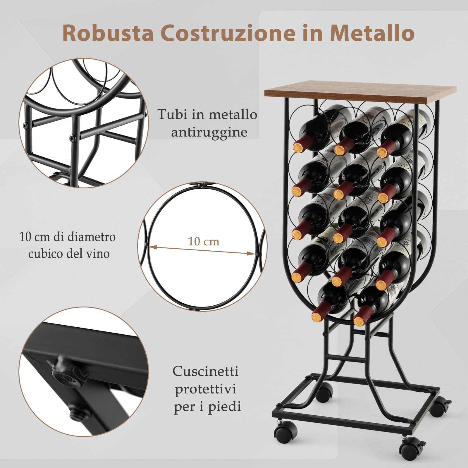 COSTWAY Portabottiglie per Vino con Ruote Staccabili e Bloccabili, Cantinetta Vino Stile Rustico per 14 Bottiglie, con Piano in Legno e Struttura in Metallo, Mobile Bar per Soggiorno e Cucina