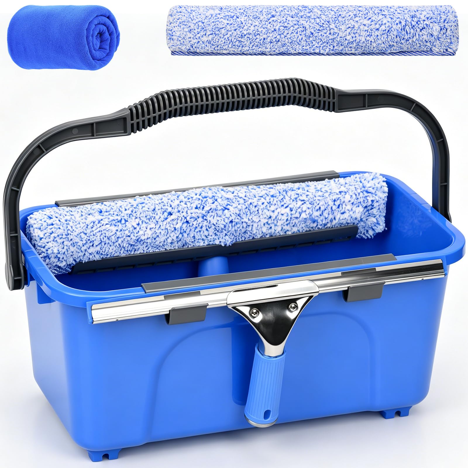 Fensterreiniger Set mit 12L Eimer, Profi Fensterputzer mit 35CM Fensterwischer & Fenster Einwascher, 5-teiliger Montagestiel, Mikrofasertuch, Fensterreinigungsset für Fenster, Glas, Dusche und Haus