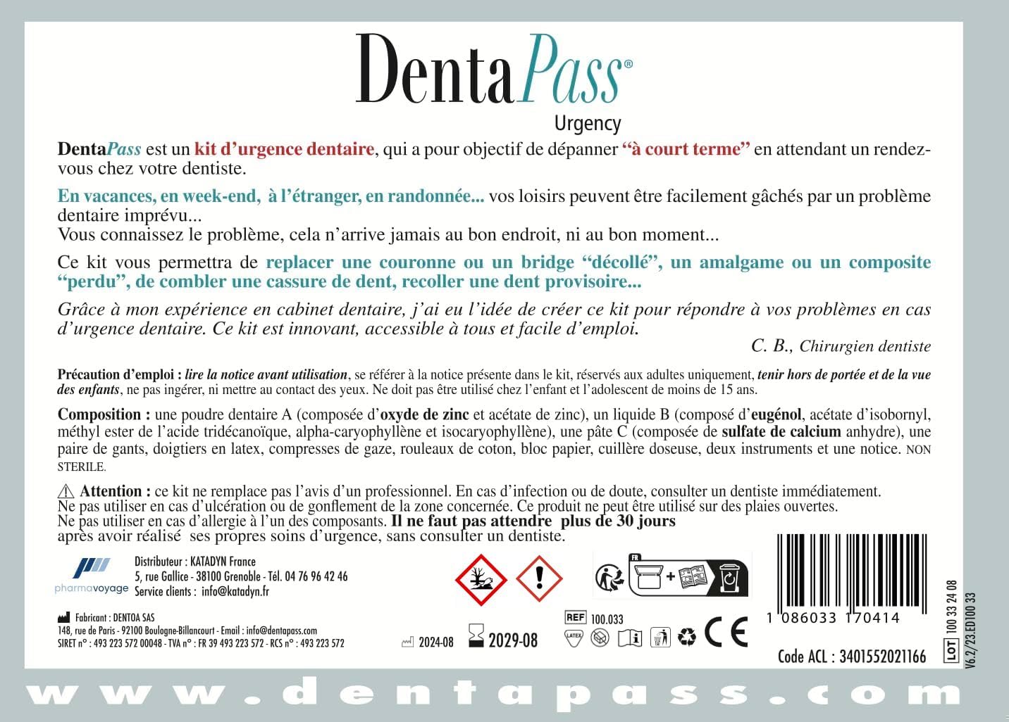 Kit Urgence Dentaire Indispensable – Pansement Dentaire & Ciment Dentaire – Soulage les Douleurs Dentaires – Réparation Dentaire Provisoire – Certifié CE – Entreprise Française (Français)