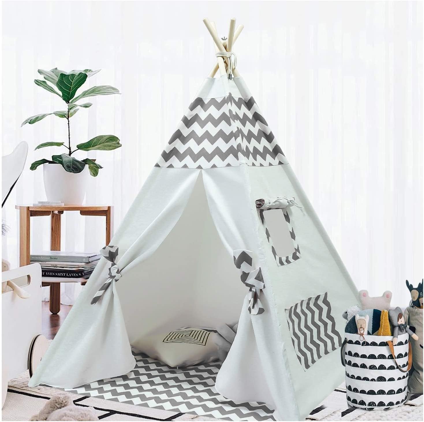 Kids Teepee Tent for Boys Childrens Teepee Play Tent with Carry Case & Floor Mat, Portable Toddler Tipi Tent for Baby Indoor Outdoor Playhouse Grey Chevron Teepee