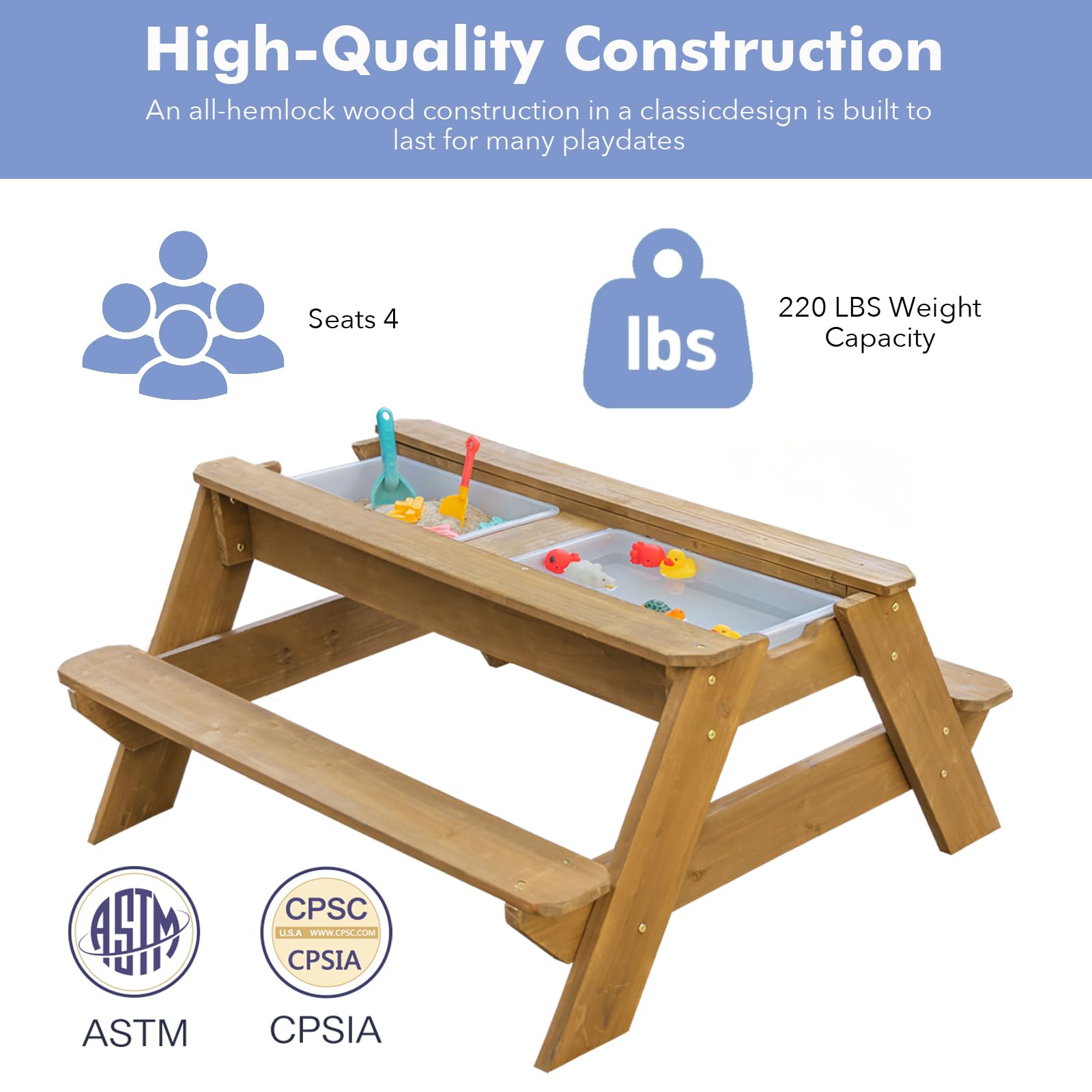 Table d'activités pour enfants, table de pique-nique convertible en bois, table de salle à manger, parapluie pliable réglable, pique-nique pour l'extérieur (naturel/marron)