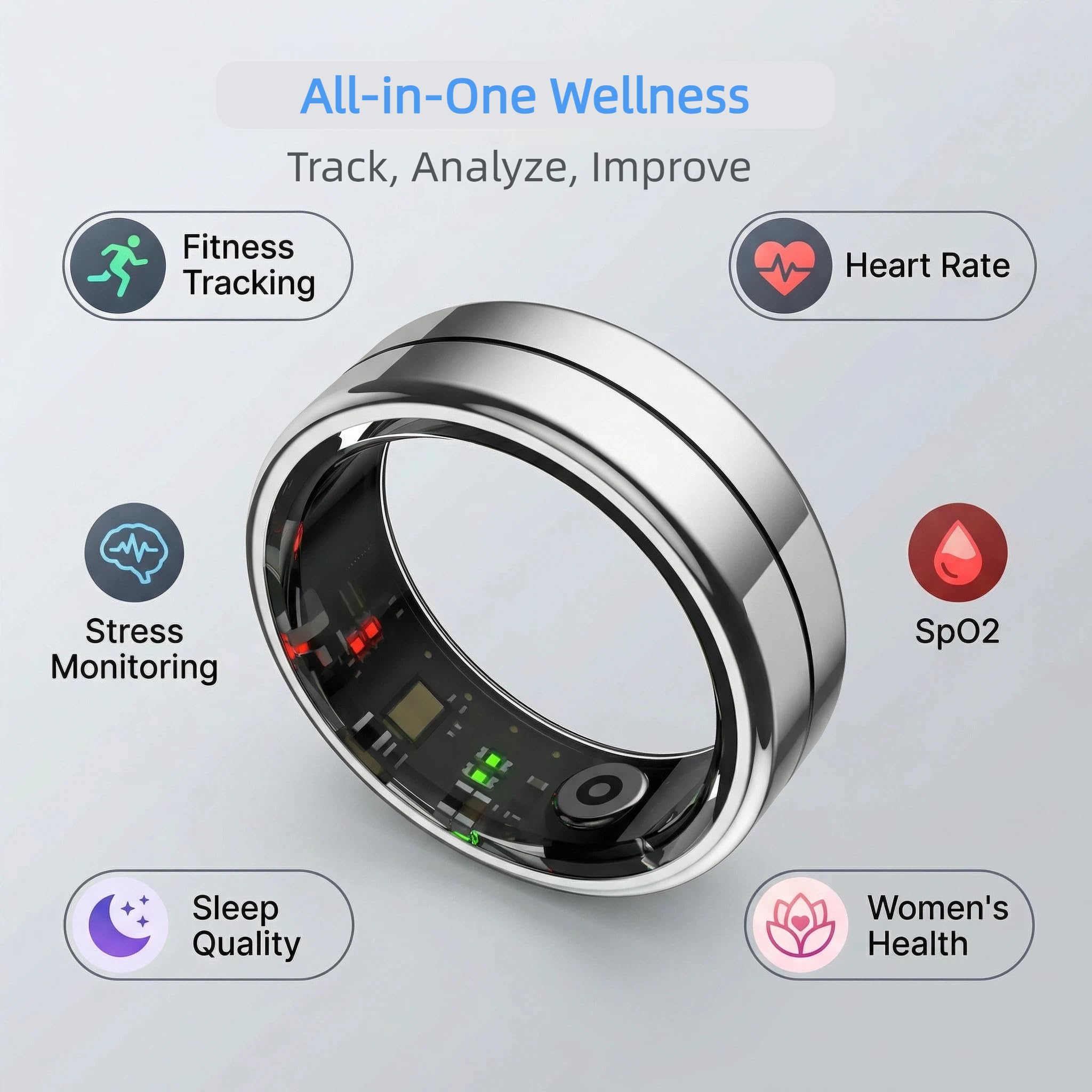 Smart Ring con app esclusiva (senza abbonamento) e Bluetooth 5.1, ricarica magnetica batteria da 18 mAh, monitoraggio fitness e salute 24/7 (frequenza cardiaca, ossigeno nel sangue