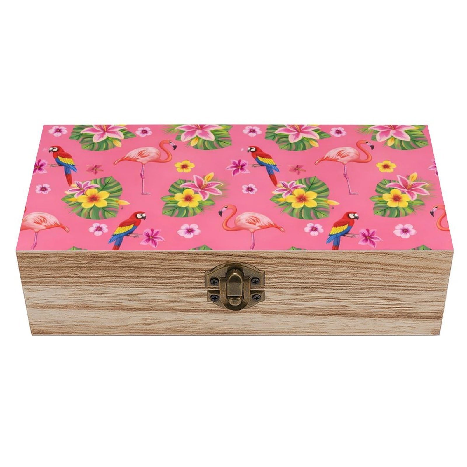 SMAZDFXX Flamingos Flower Parrot Palm Pink Summer Holiday Wooden Storage Box With Hinged Lid Decorative Front Clasp Keepsake Boxes