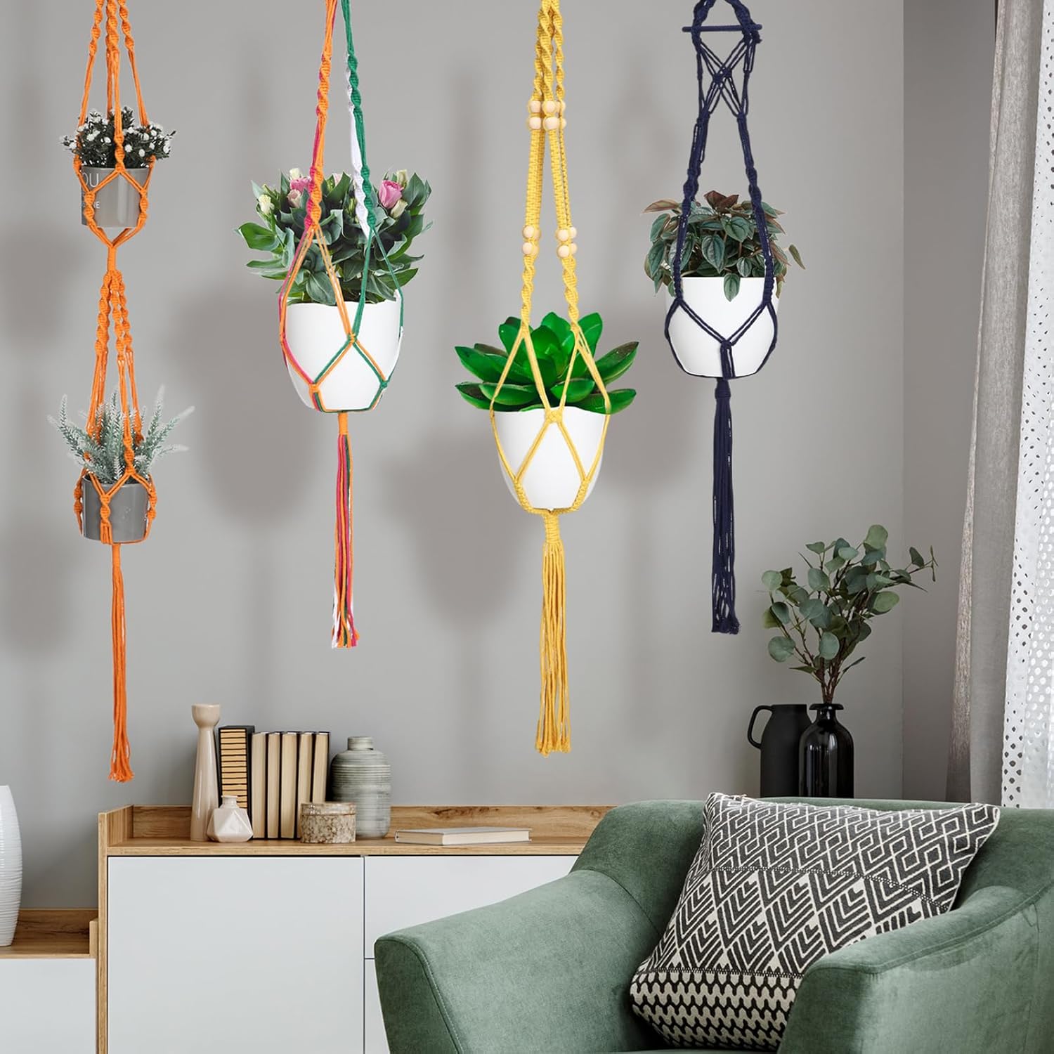 Hoteam 12 Pcs Macrame Plant Hangers Macrame Hanging Planters for Indoor Plants Handmade Boho Hanging Baskets Flower Pots Holder for Outdoor Home Wall Decor