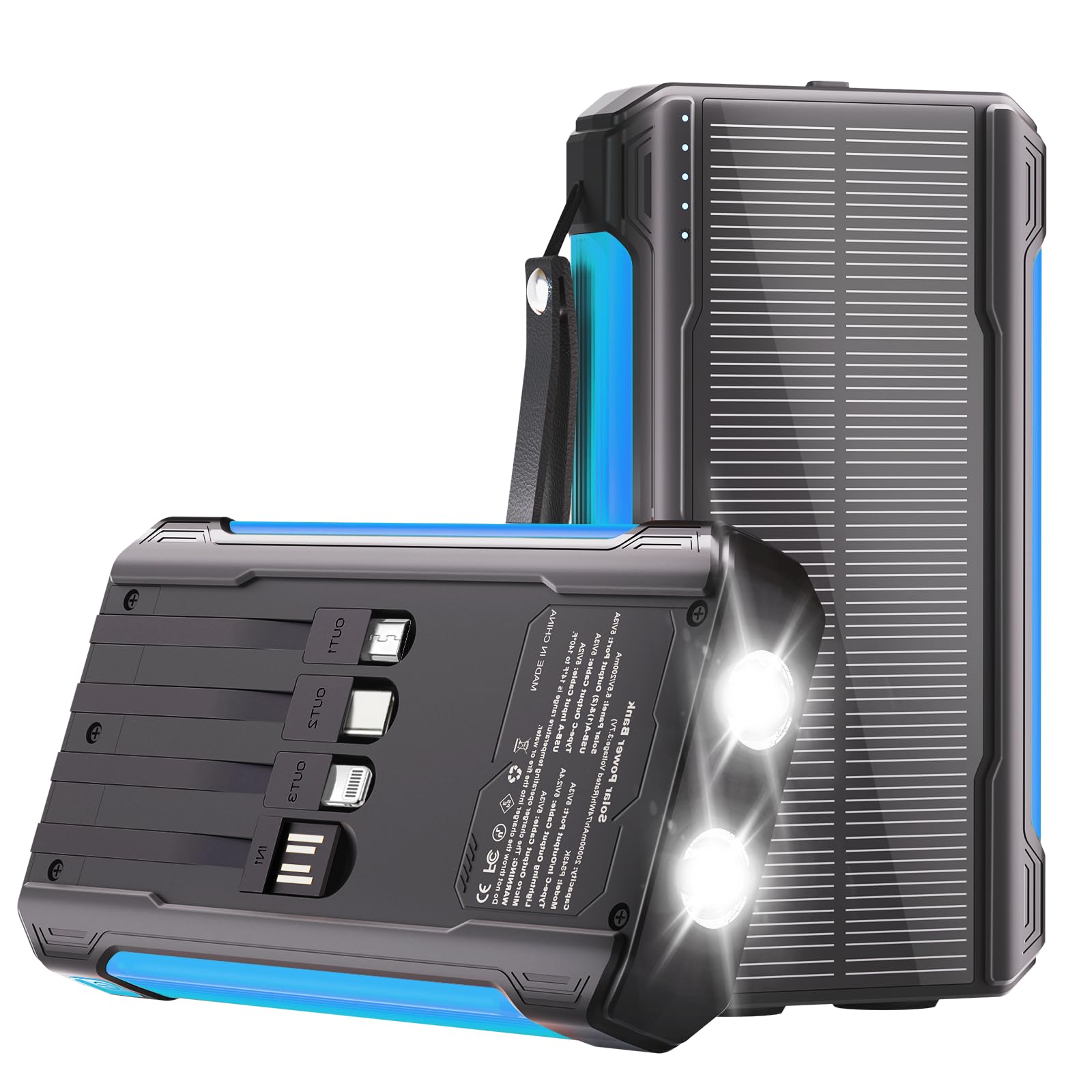 YELOMIN Solar Power Bank 10000mAh Portable Charger with 4 Built-in Cables | Solar Charger Power Bank with USB-C in/Output, Dual Emergency Flashlights, Outdoor Battery Pack for Camping, Hiking, Travel