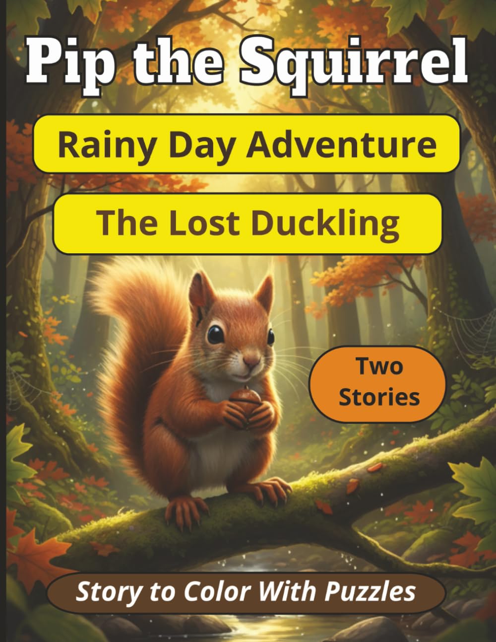 Pip The Squirrel - Rainy Day Adventure, The Lost Duckling - Two Stories to Color, With Puzzles: 8.5 x 11, Story to Read With Coloring For Kids (Pip the Squirrel Coloring Story)